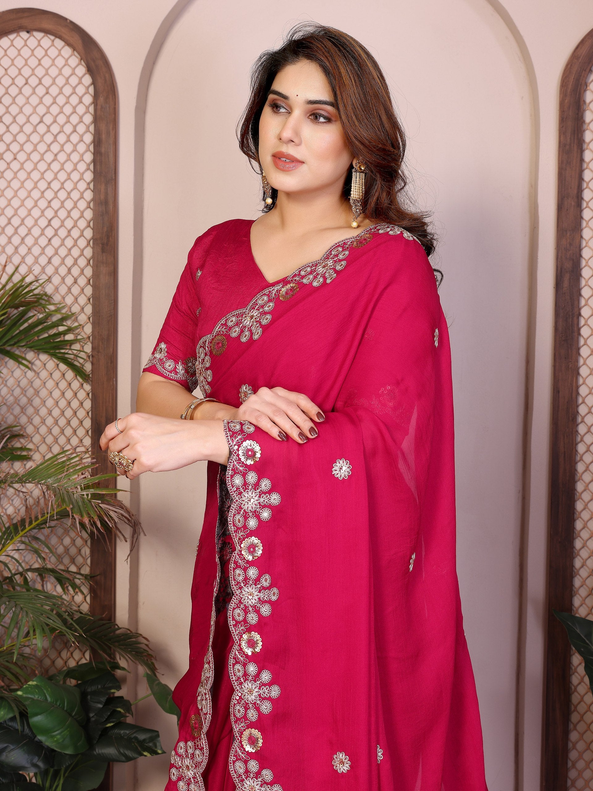 Soft Satin Chiffon Embroidered Lace Border Festive Wear Saree with Mono Banglory Silk Blouse