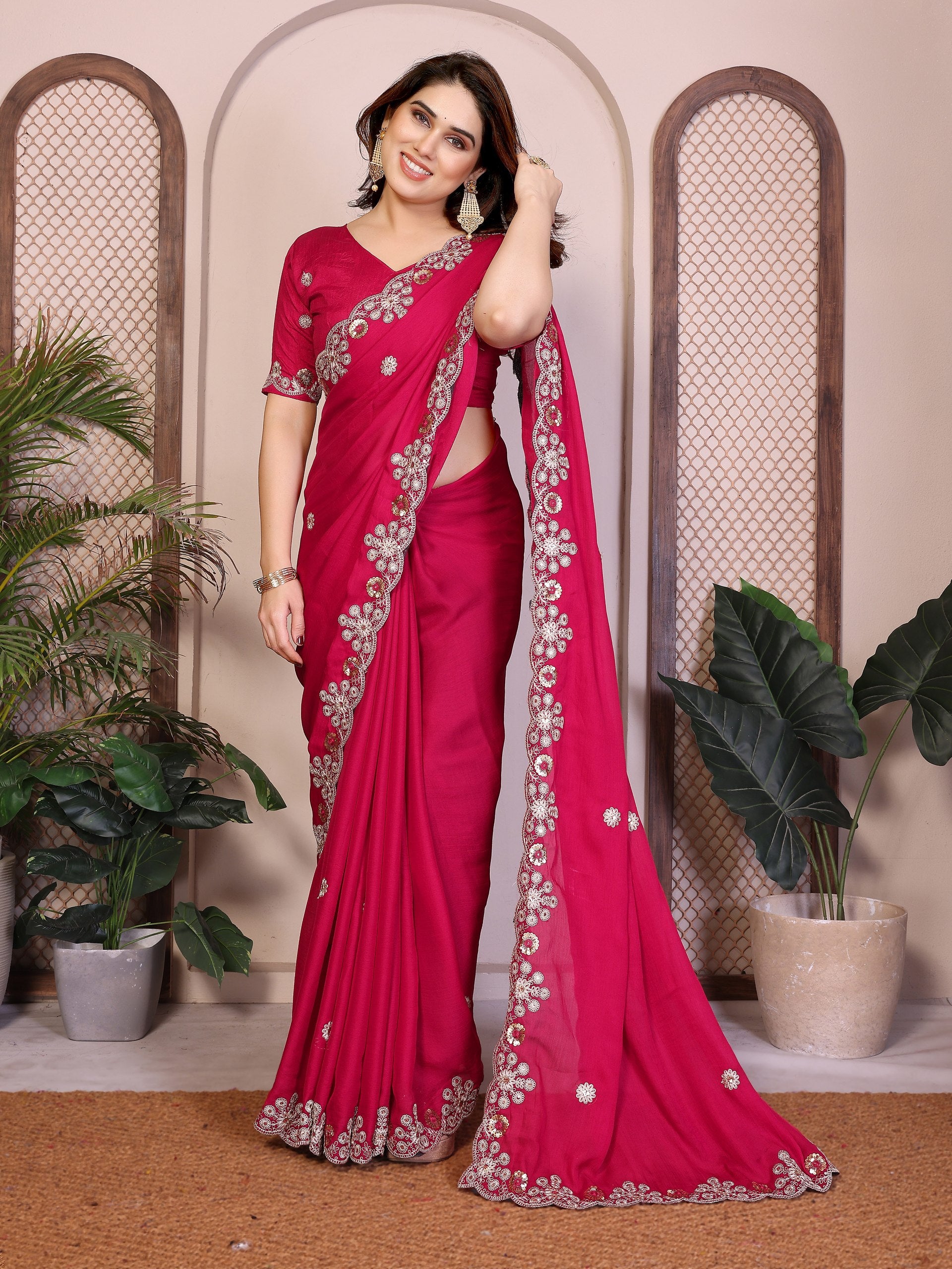 Soft Satin Chiffon Embroidered Lace Border Festive Wear Saree with Mono Banglory Silk Blouse