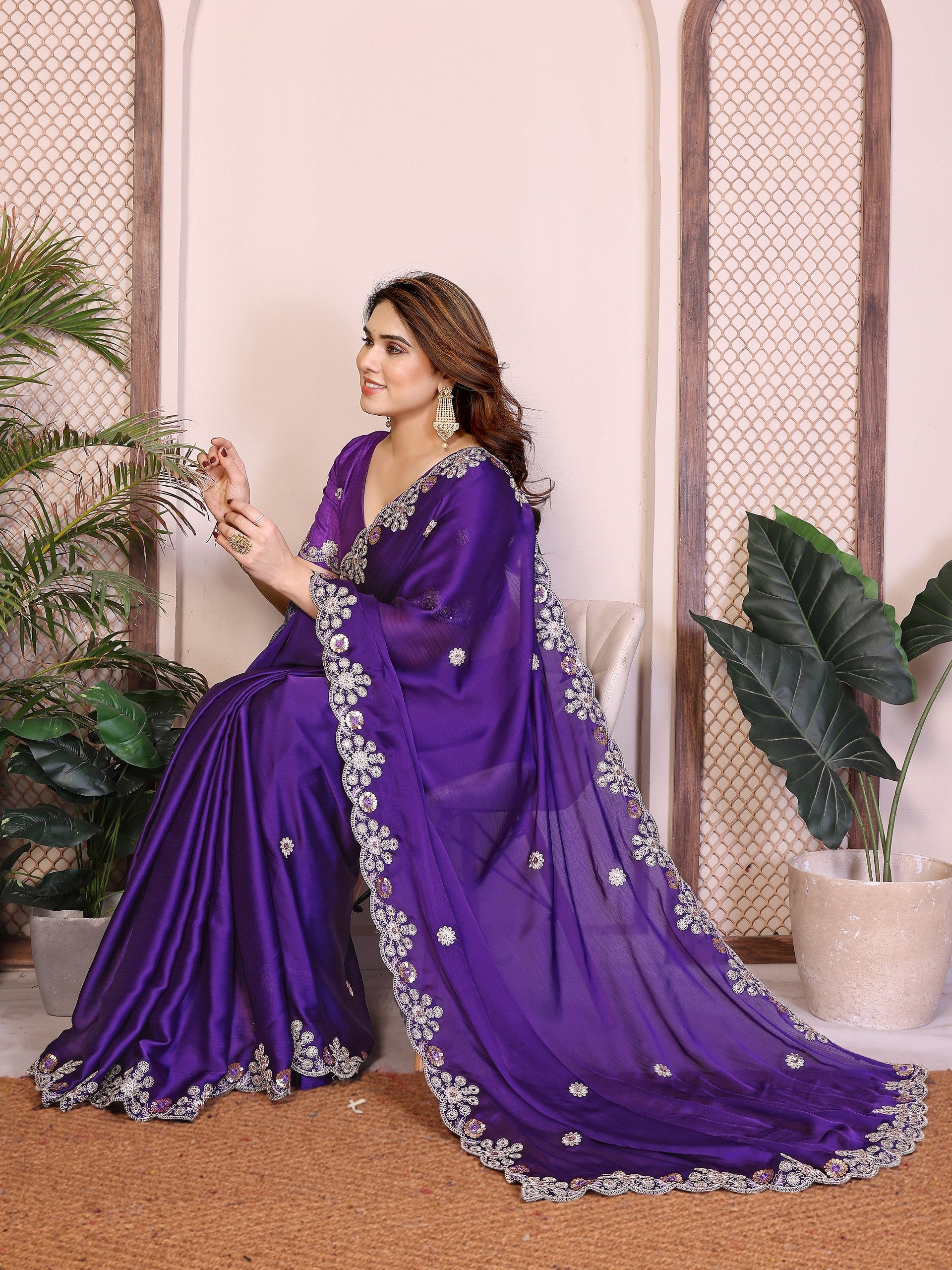 Soft Satin Chiffon Embroidered Lace Border Festive Wear Saree with Mono Banglory Silk Blouse