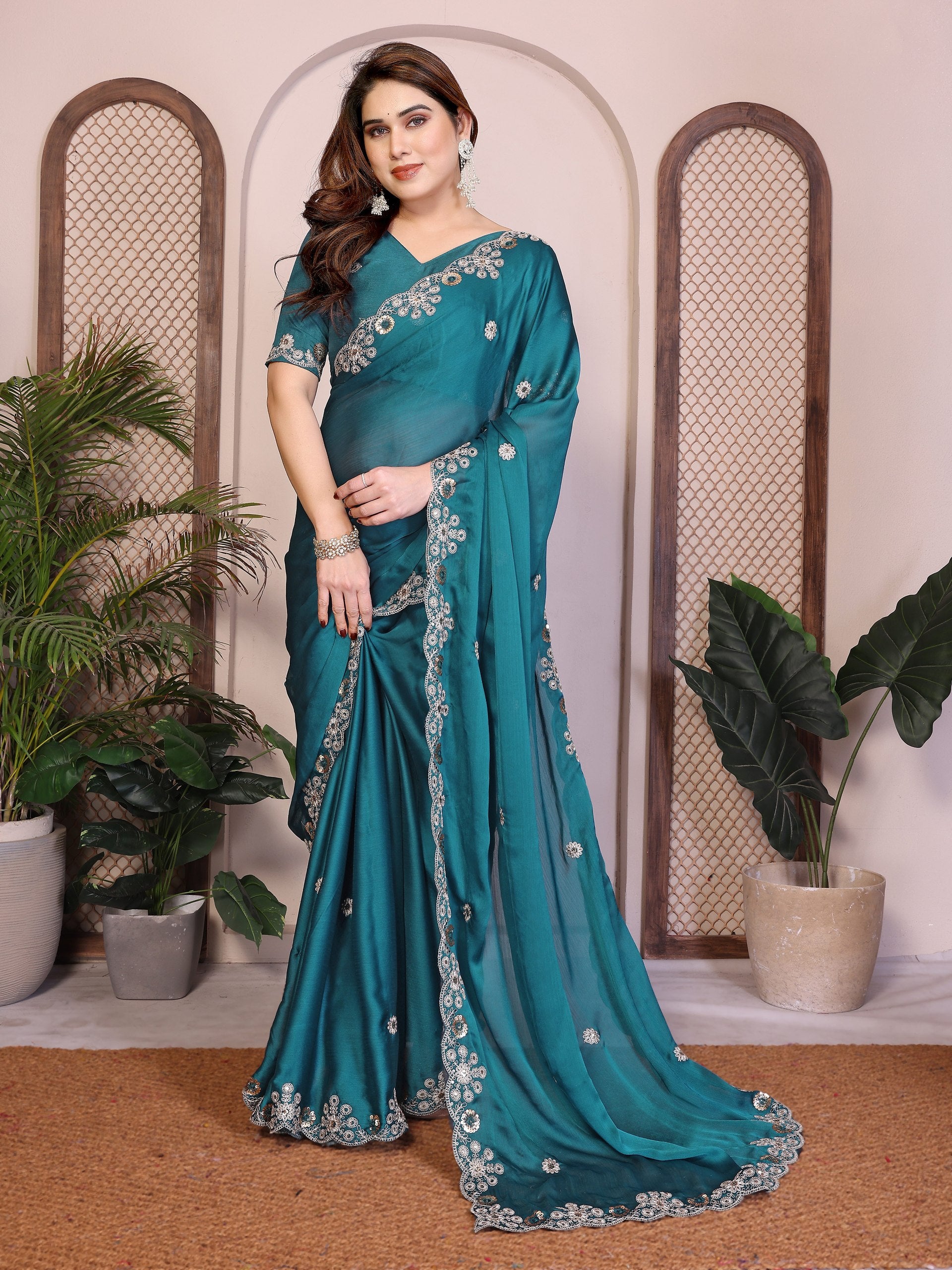 Soft Satin Chiffon Embroidered Lace Border Festive Wear Saree with Mono Banglory Silk Blouse