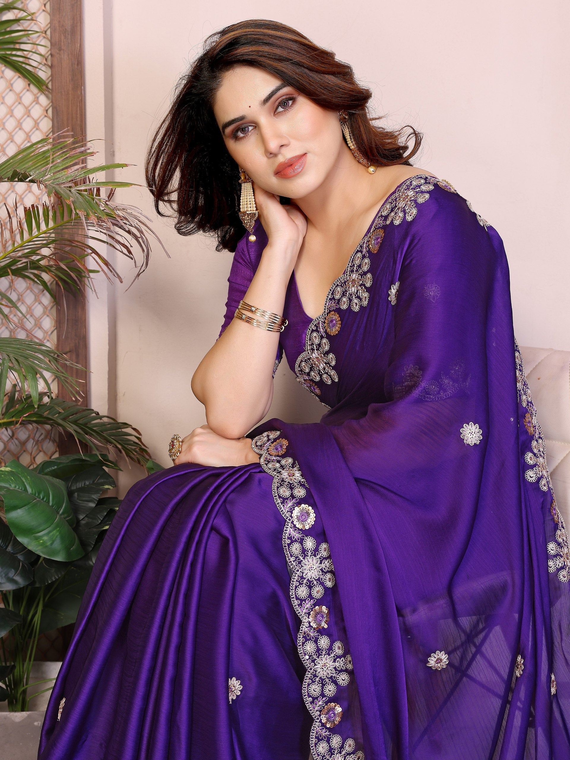 Soft Satin Chiffon Embroidered Lace Border Festive Wear Saree with Mono Banglory Silk Blouse