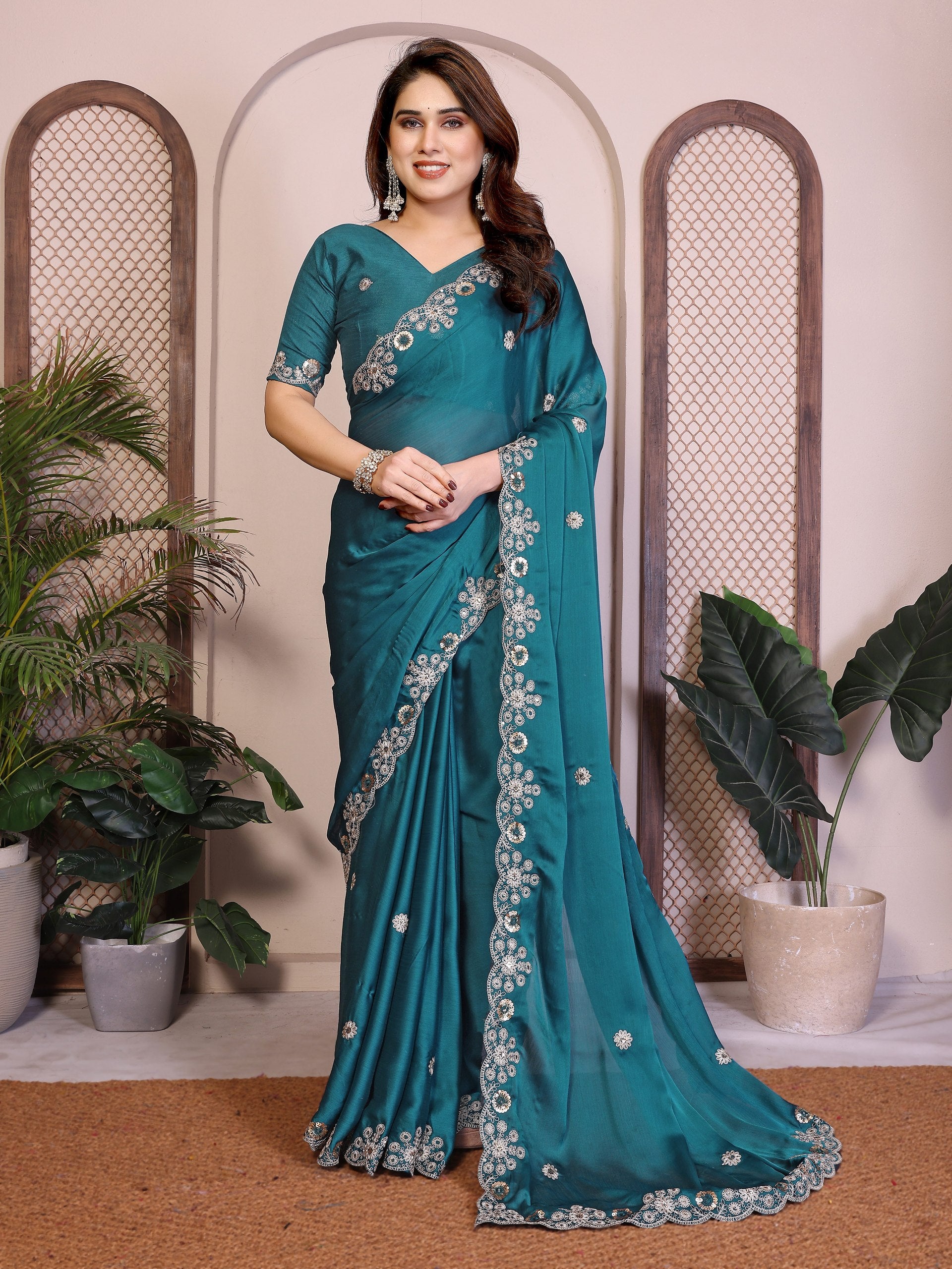 Soft Satin Chiffon Embroidered Lace Border Festive Wear Saree with Mono Banglory Silk Blouse