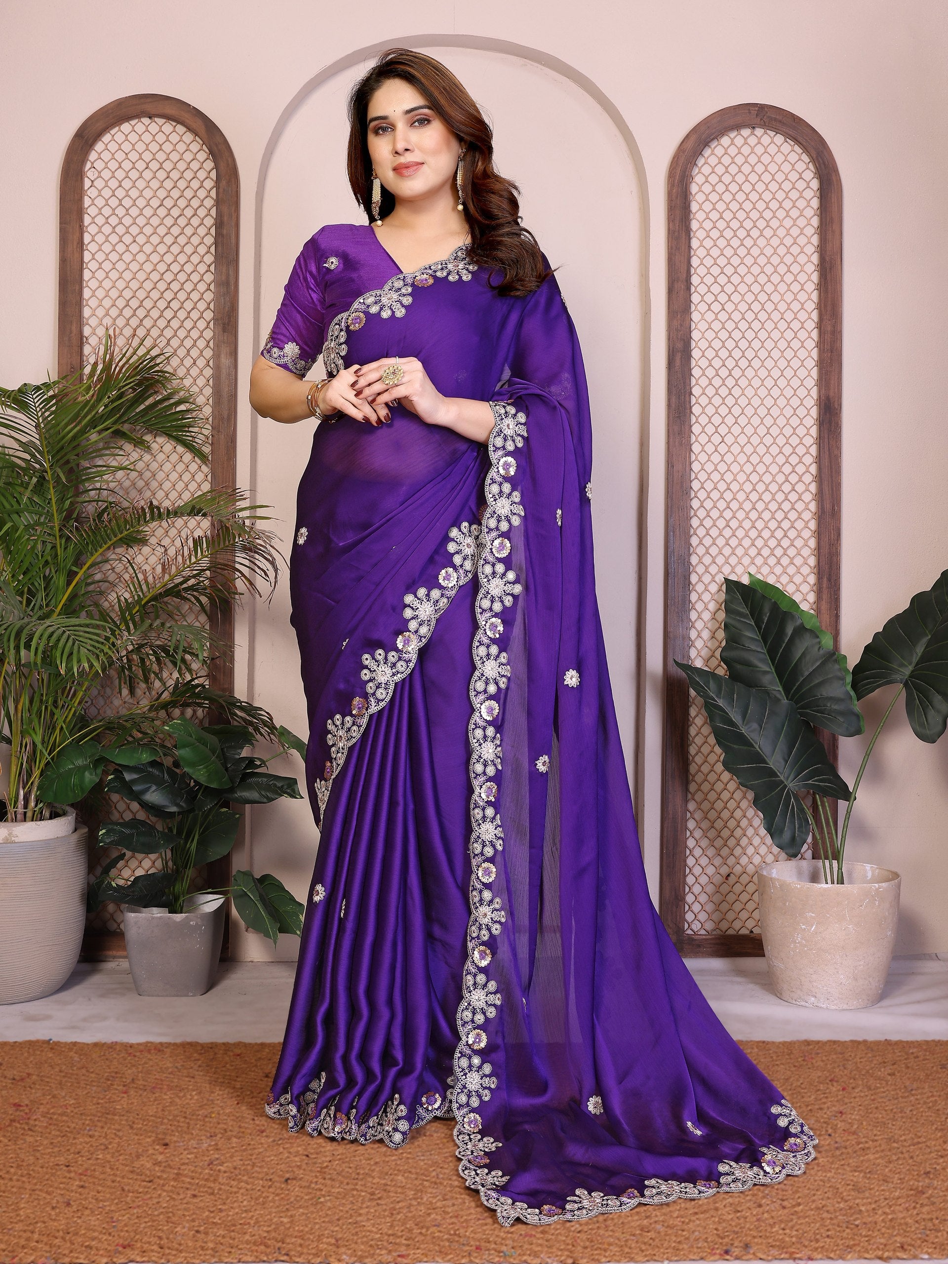 Soft Satin Chiffon Embroidered Lace Border Festive Wear Saree with Mono Banglory Silk Blouse