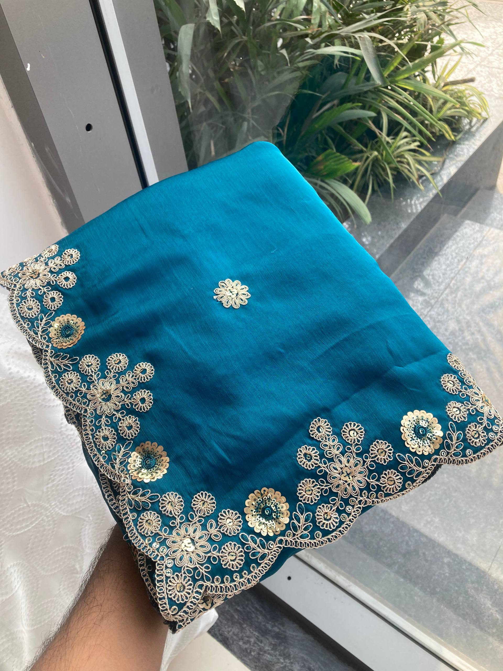 Soft Satin Chiffon Embroidered Lace Border Festive Wear Saree with Mono Banglory Silk Blouse