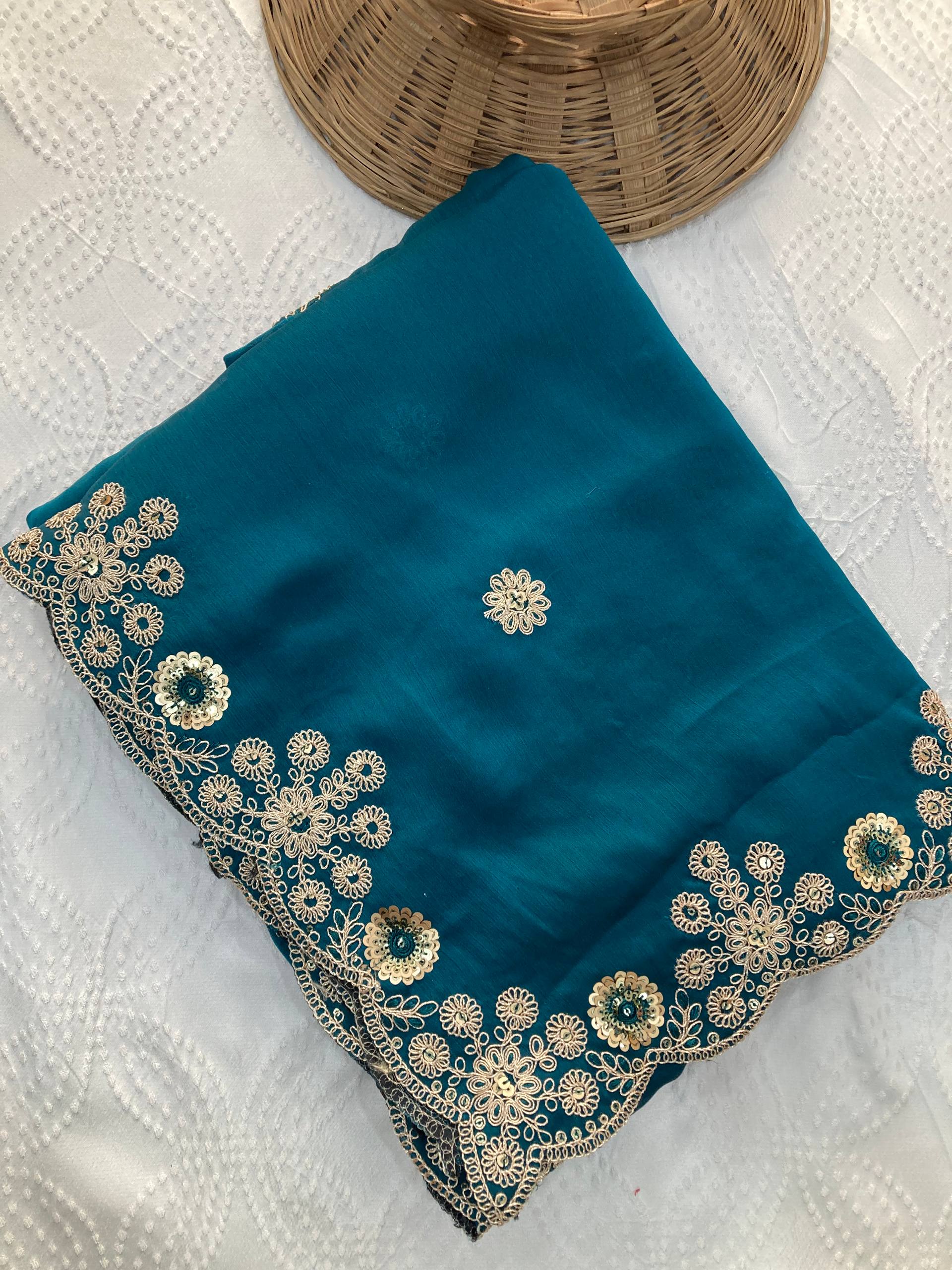 Soft Satin Chiffon Embroidered Lace Border Festive Wear Saree with Mono Banglory Silk Blouse