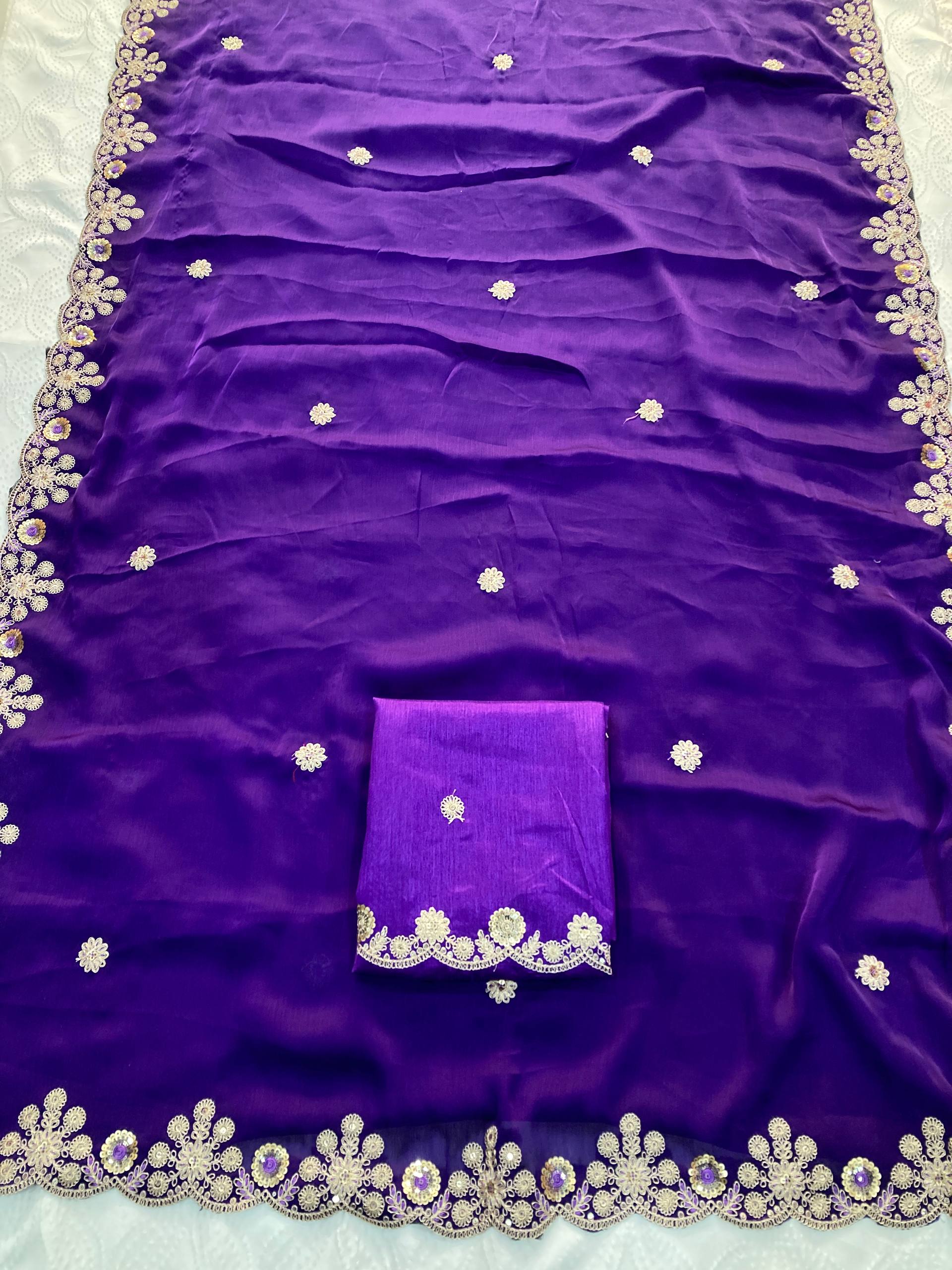 Soft Satin Chiffon Embroidered Lace Border Festive Wear Saree with Mono Banglory Silk Blouse