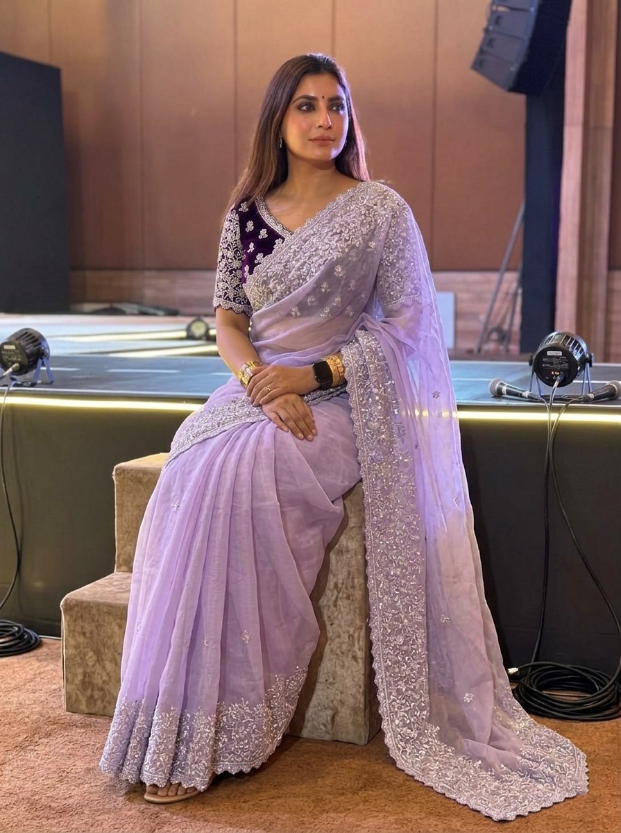 Wedding Wear Pastel Lavender Soft Organza Saree with Heavy Embroidery Cutwork Border