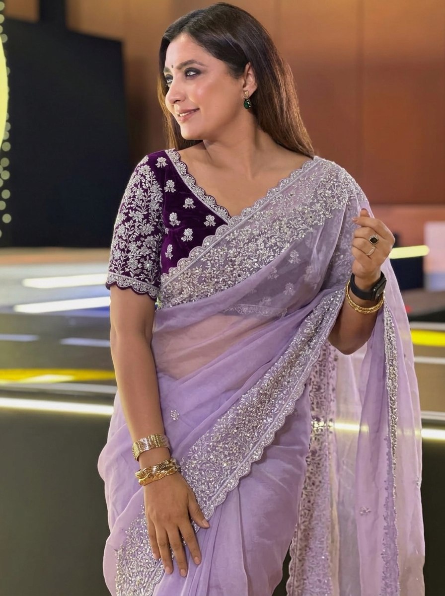 Wedding Wear Pastel Lavender Soft Organza Saree with Heavy Embroidery Cutwork Border