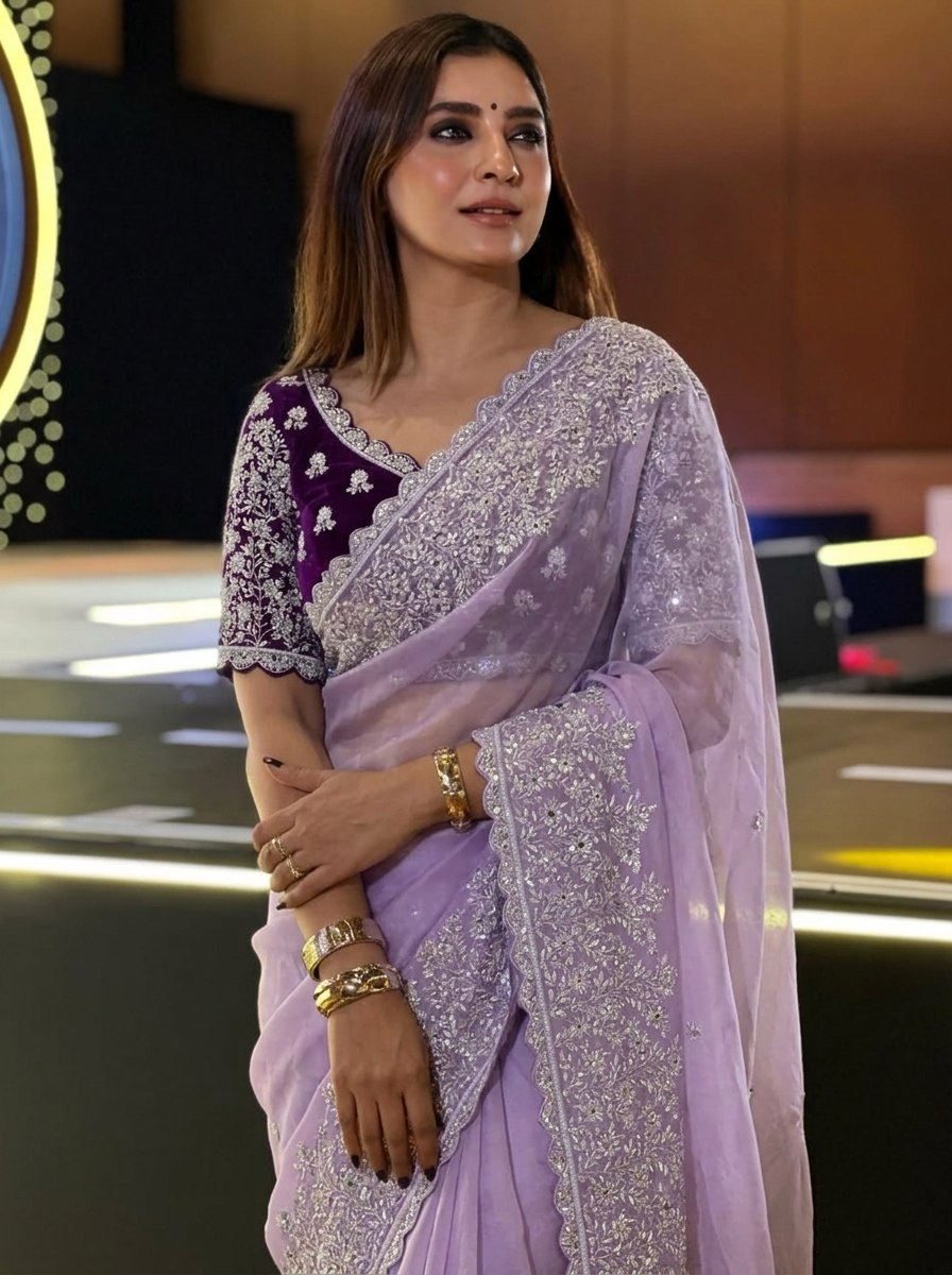 Wedding Wear Pastel Lavender Soft Organza Saree with Heavy Embroidery Cutwork Border