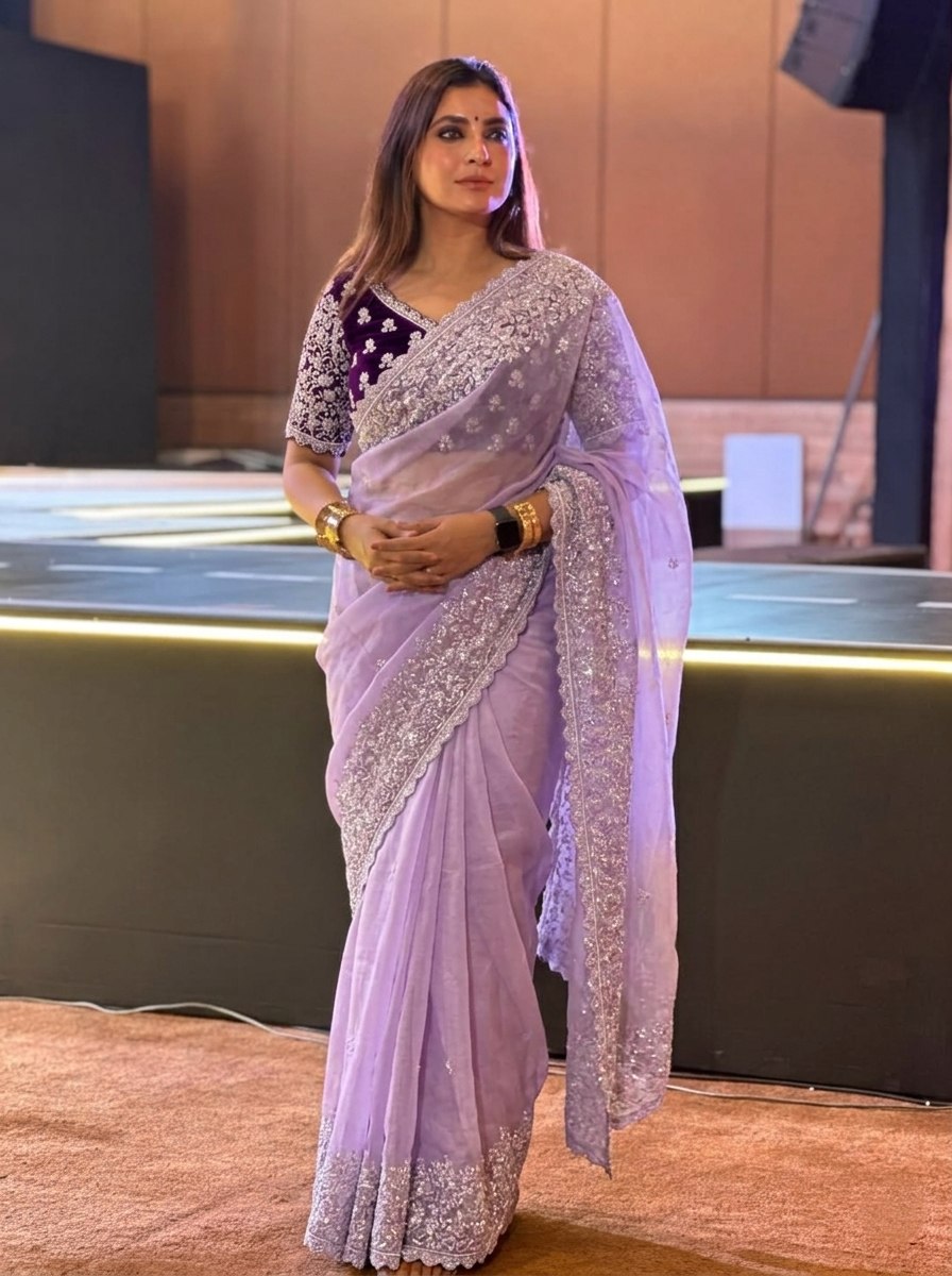 Wedding Wear Pastel Lavender Soft Organza Saree with Heavy Embroidery Cutwork Border