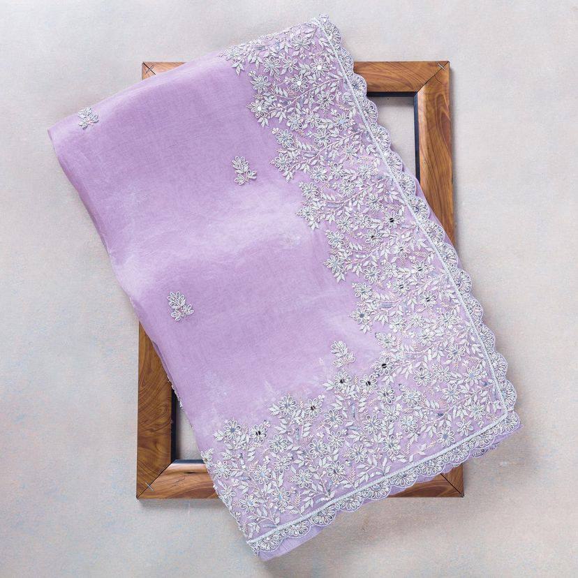 Wedding Wear Pastel Lavender Soft Organza Saree with Heavy Embroidery Cutwork Border