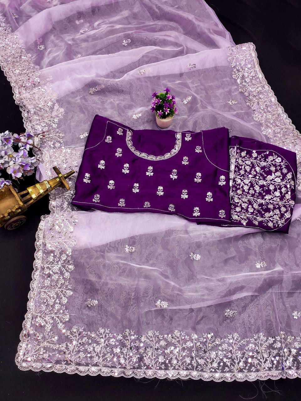 Wedding Wear Pastel Lavender Soft Organza Saree with Heavy Embroidery Cutwork Border