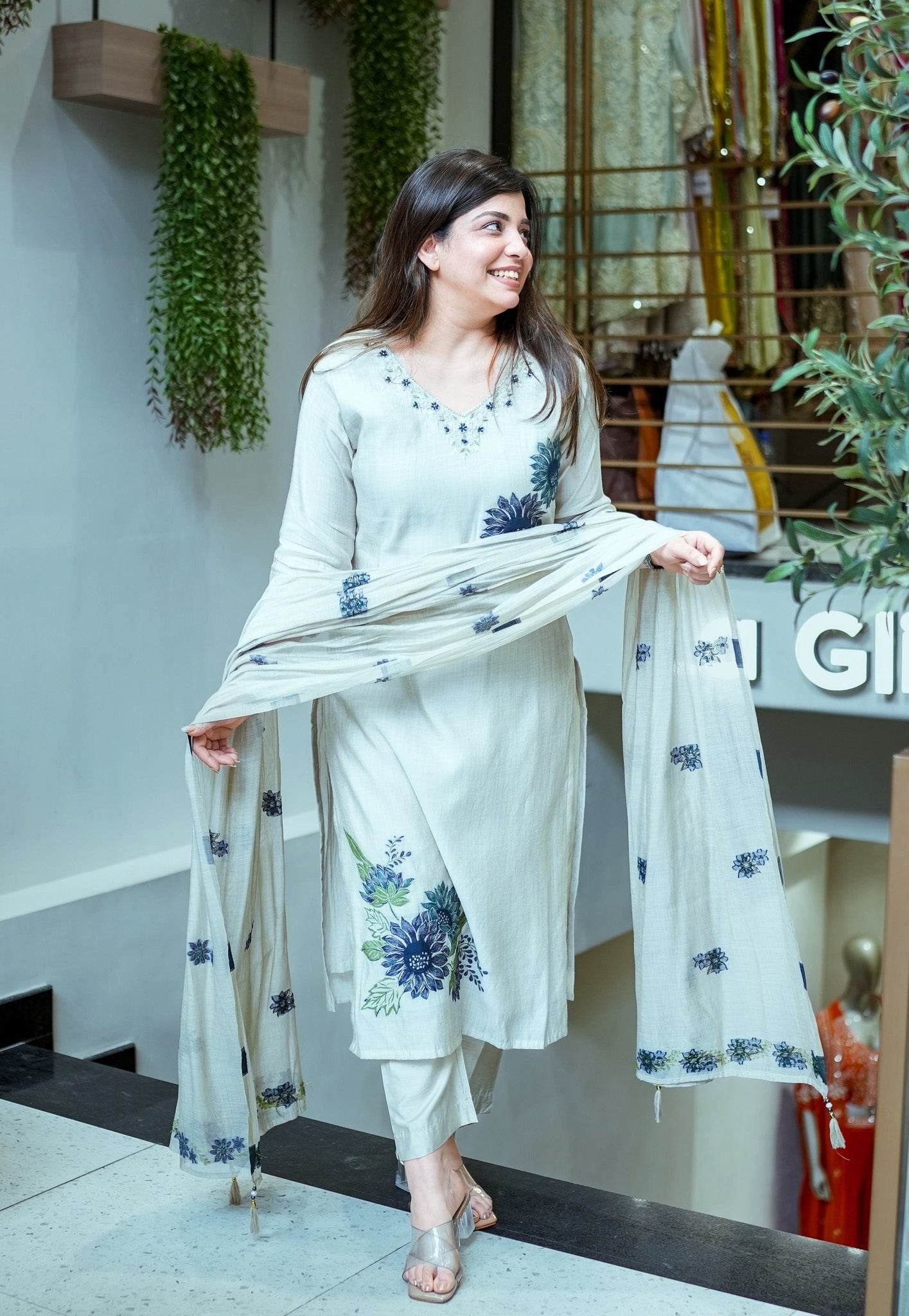 Women’s White Pure Lilan Floral Print Kurta Pant Dupatta Set with Handwork Neck