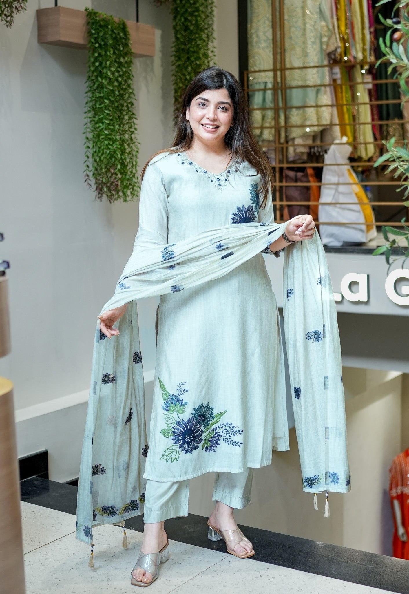 Women’s White Pure Lilan Floral Print Kurta Pant Dupatta Set with Handwork Neck