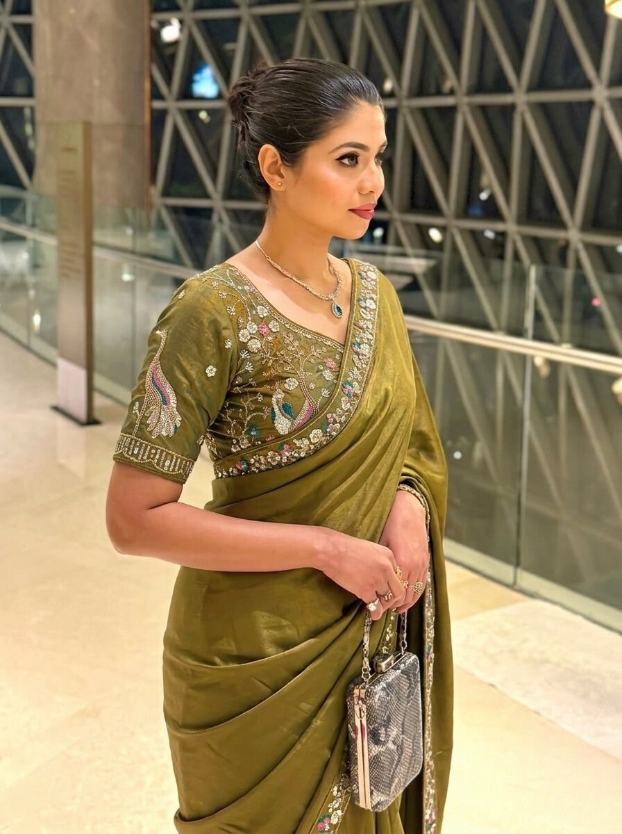 Olive Green Designer Fendy Satin Silk Saree with Heavy Embroidery Blouse