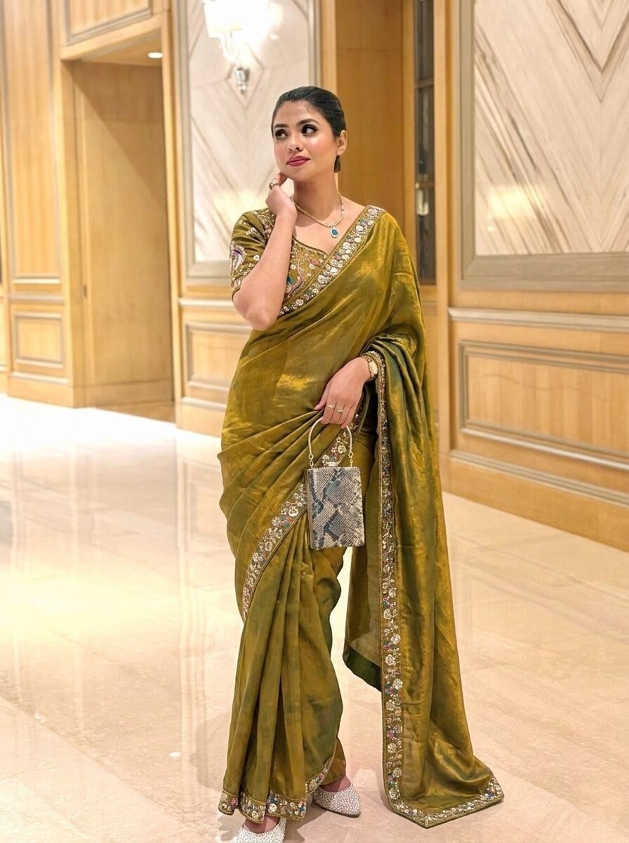 Olive Green Designer Fendy Satin Silk Saree with Heavy Embroidery Blouse