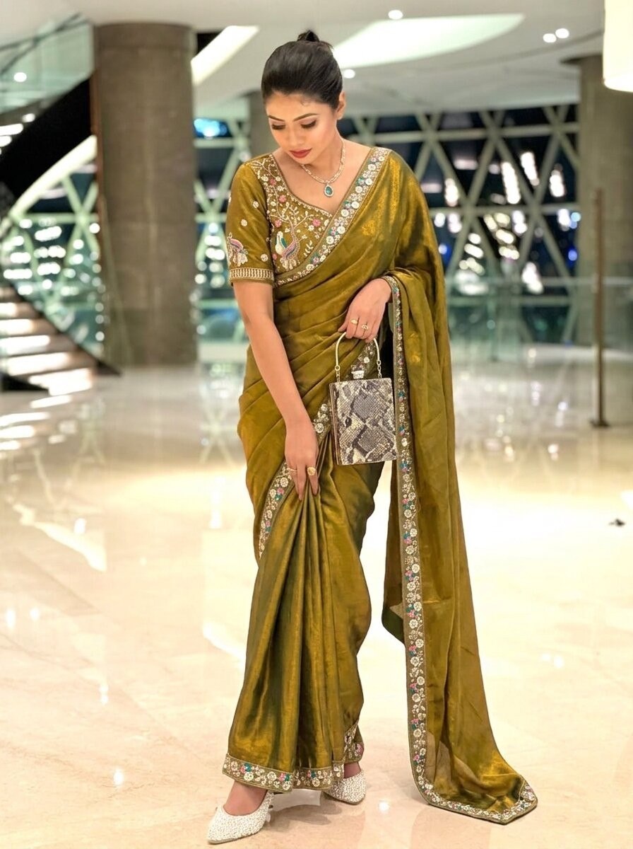 Olive Green Designer Fendy Satin Silk Saree with Heavy Embroidery Blouse