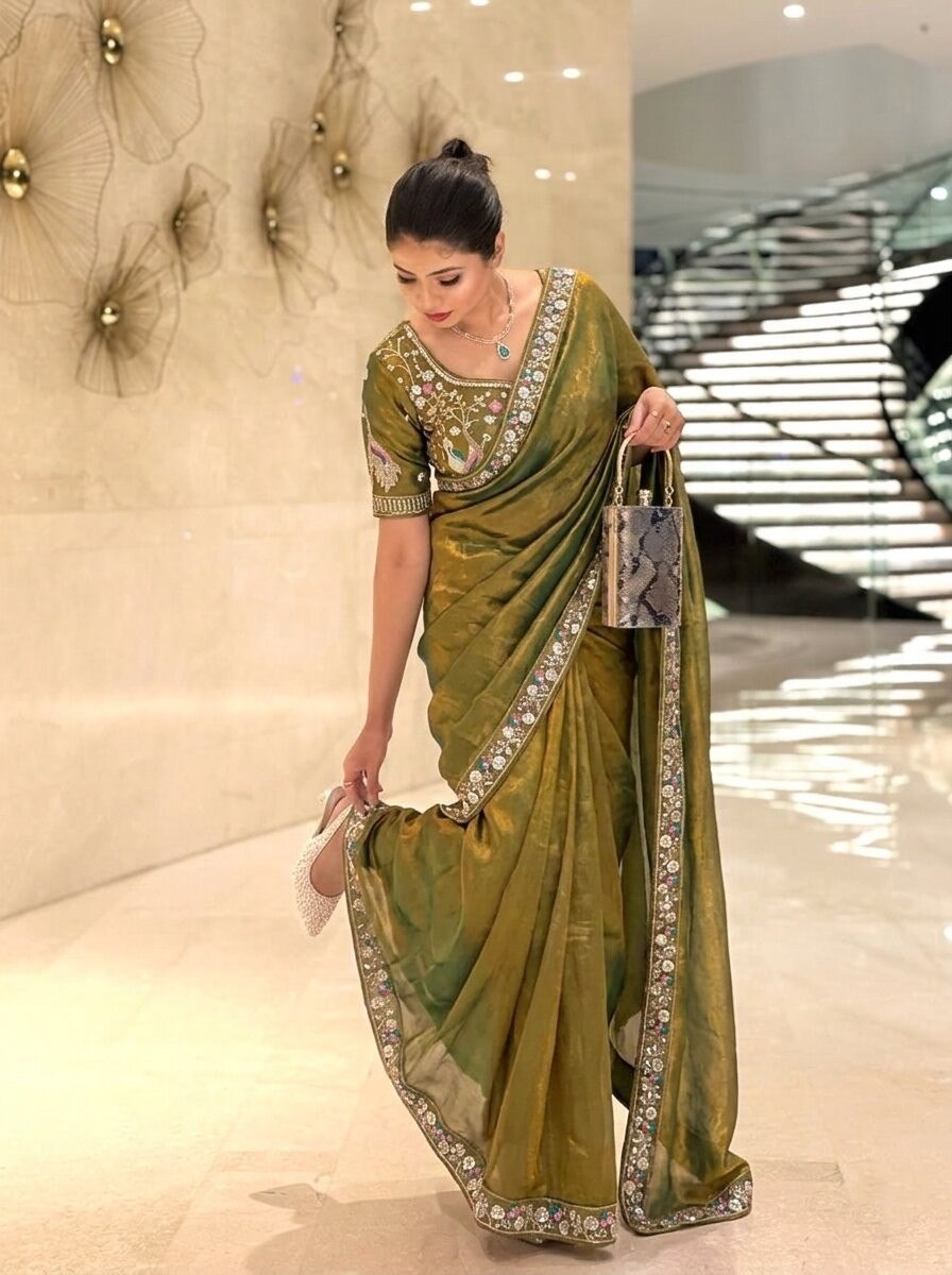 Olive Green Designer Fendy Satin Silk Saree with Heavy Embroidery Blouse