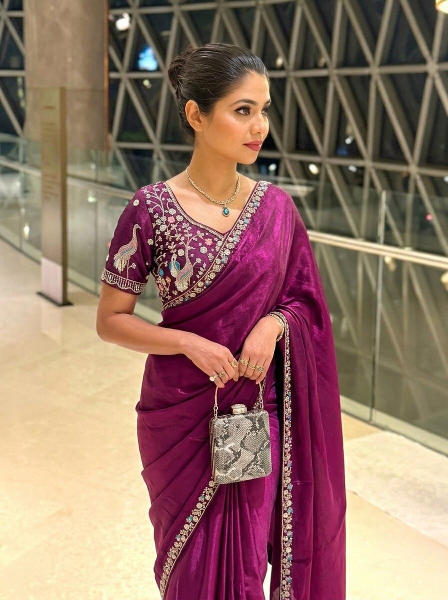 Purple Designer Fendy Satin Silk Saree with Heavy Embroidery Blouse