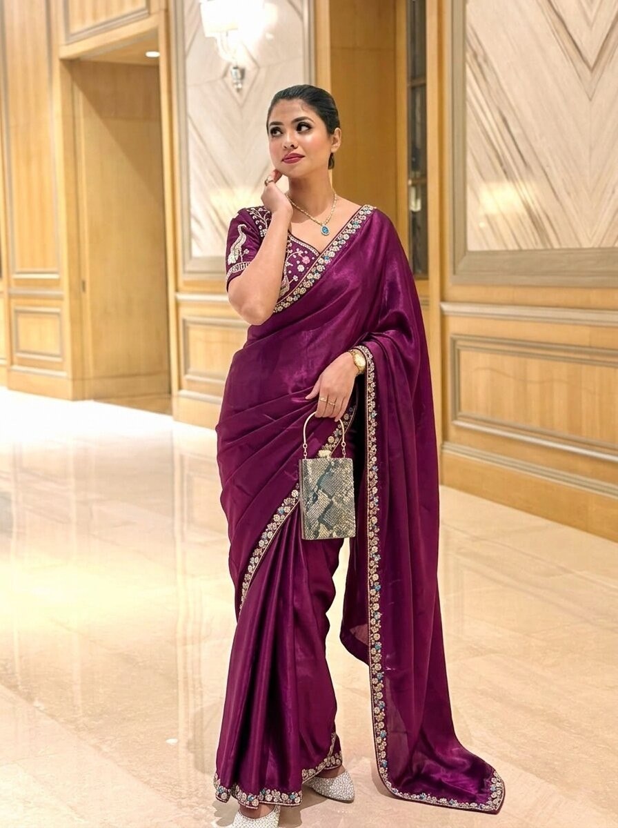 Purple Designer Fendy Satin Silk Saree with Heavy Embroidery Blouse