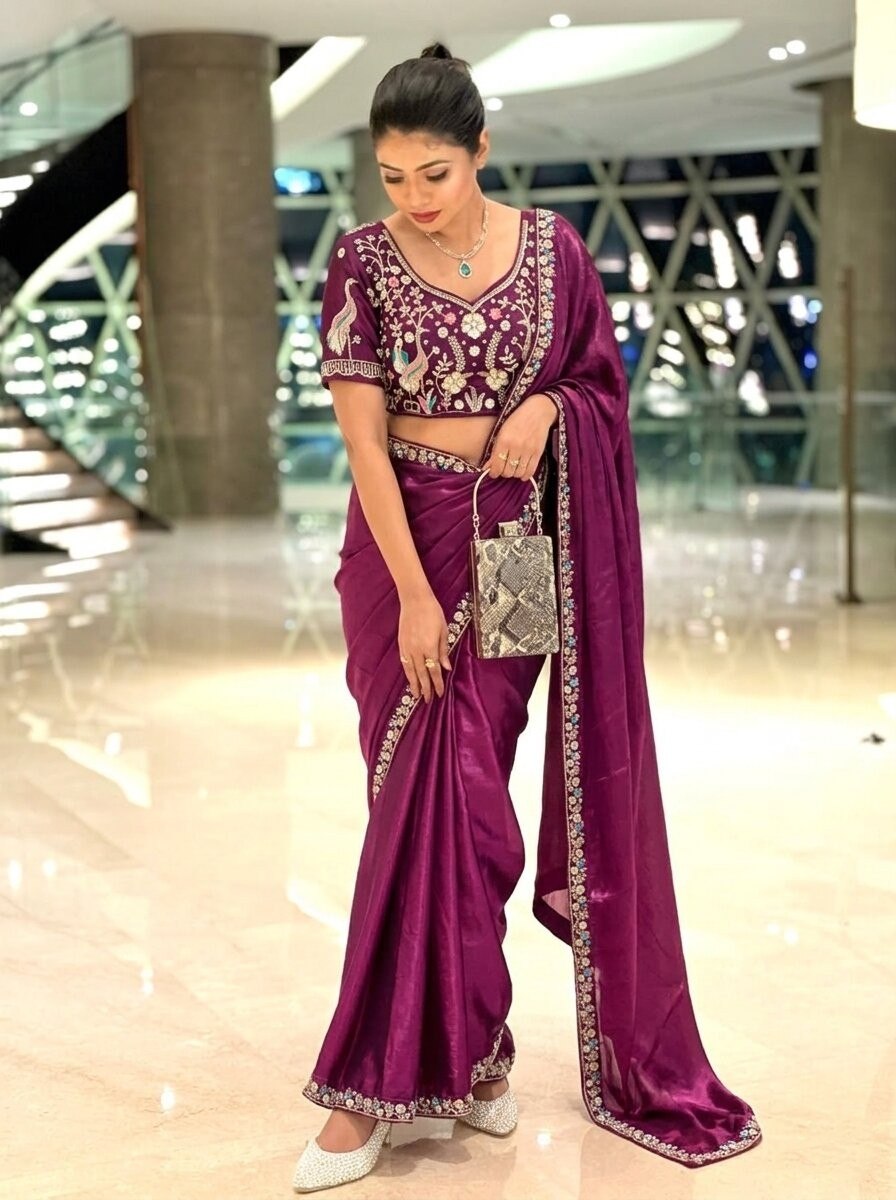 Purple Designer Fendy Satin Silk Saree with Heavy Embroidery Blouse