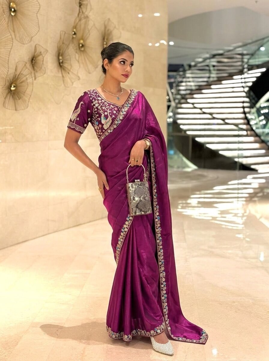 Purple Designer Fendy Satin Silk Saree with Heavy Embroidery Blouse
