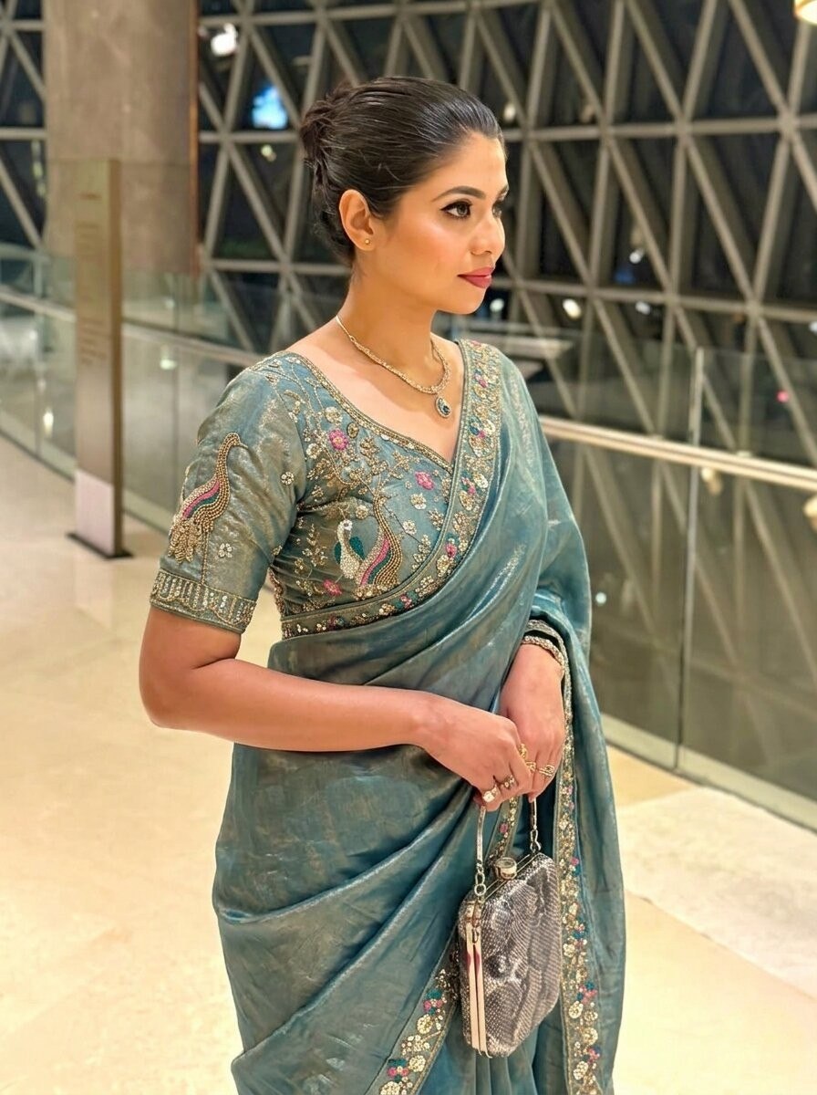 Blue Designer Fendy Satin Silk Saree with Heavy Embroidery Blouse