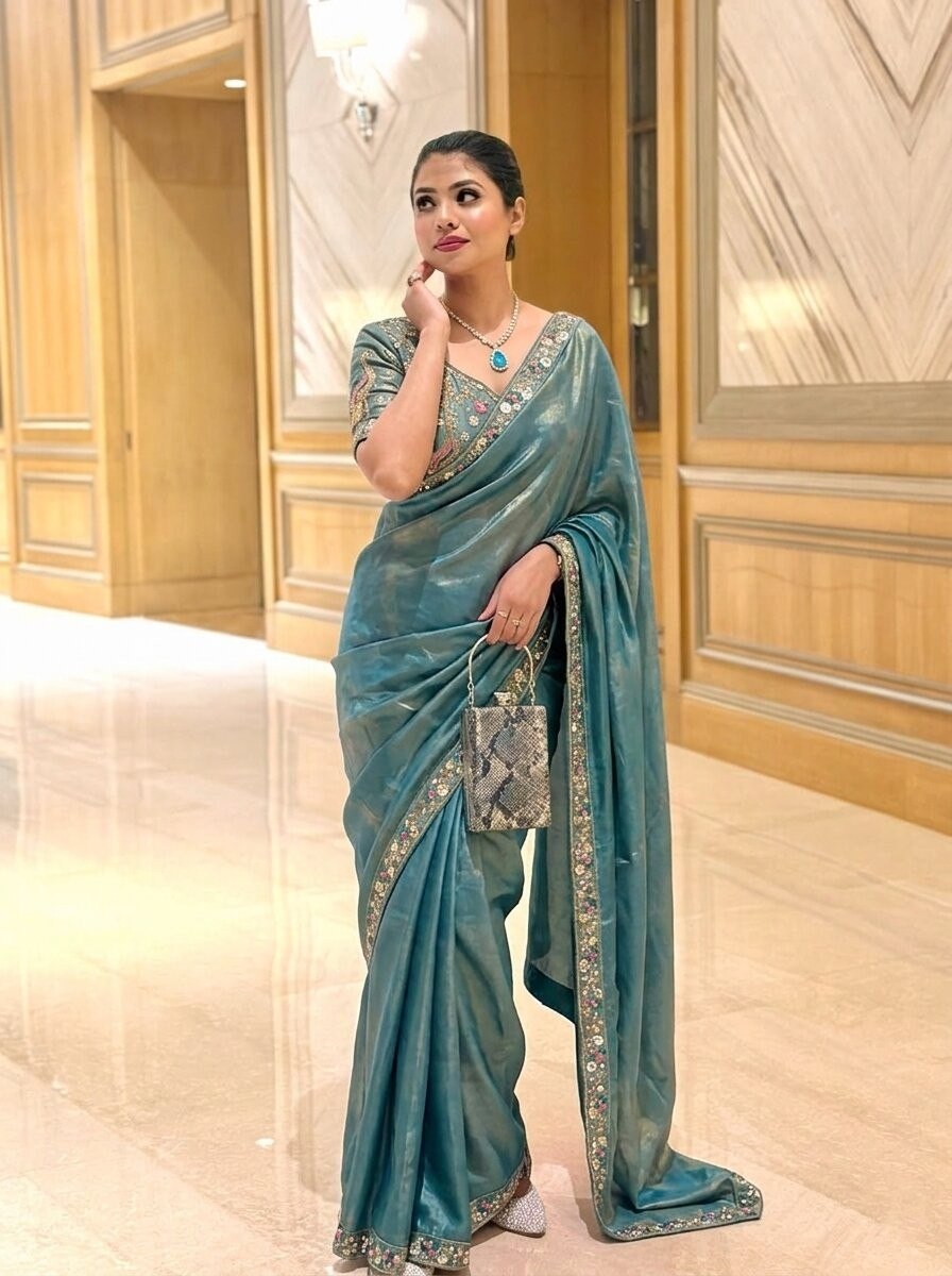 Designer Peacock Embroidery Fendy Satin Silk Party Wear Saree with Heavy Stitch Blouse