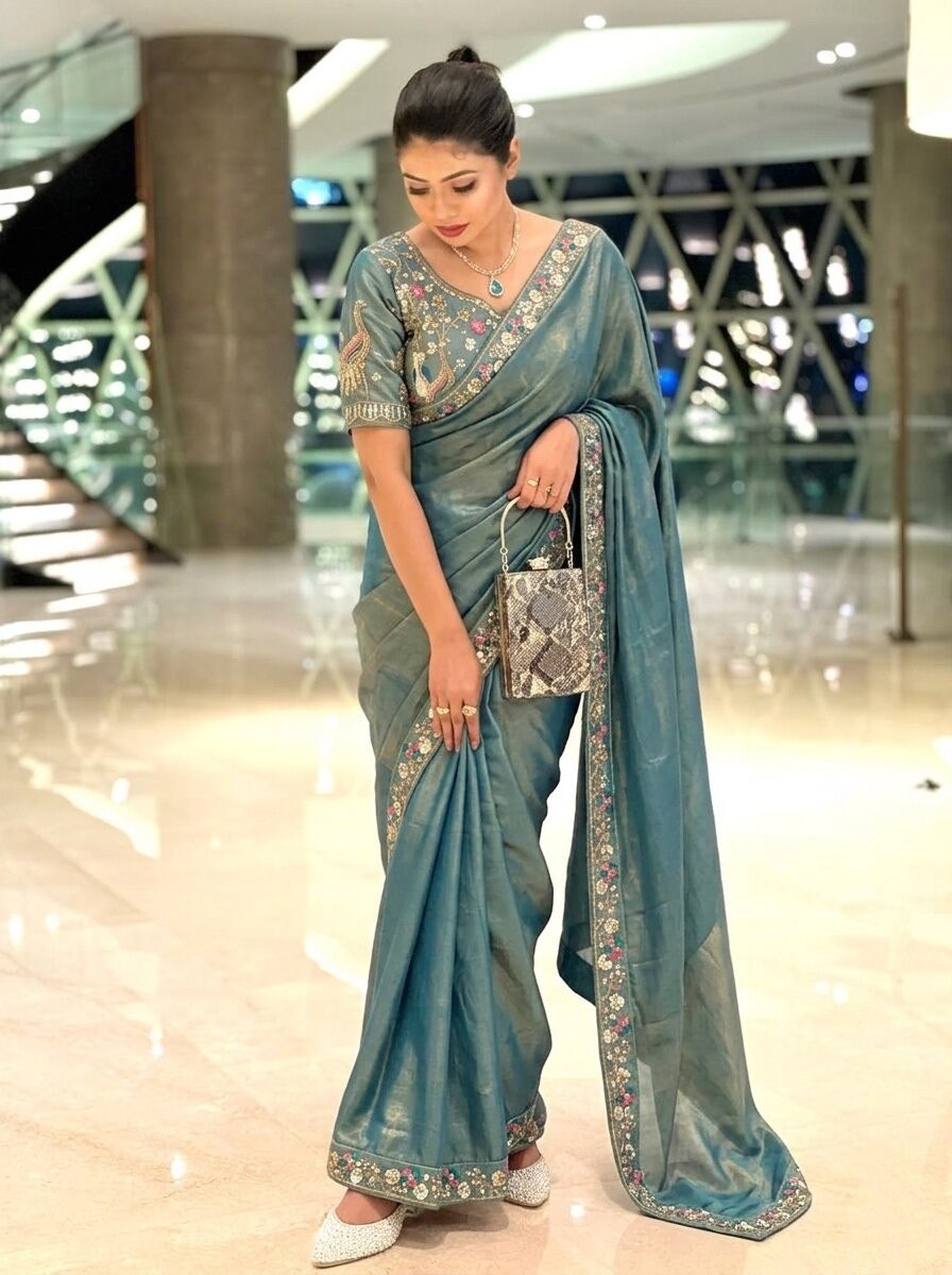 Blue Designer Fendy Satin Silk Saree with Heavy Embroidery Blouse