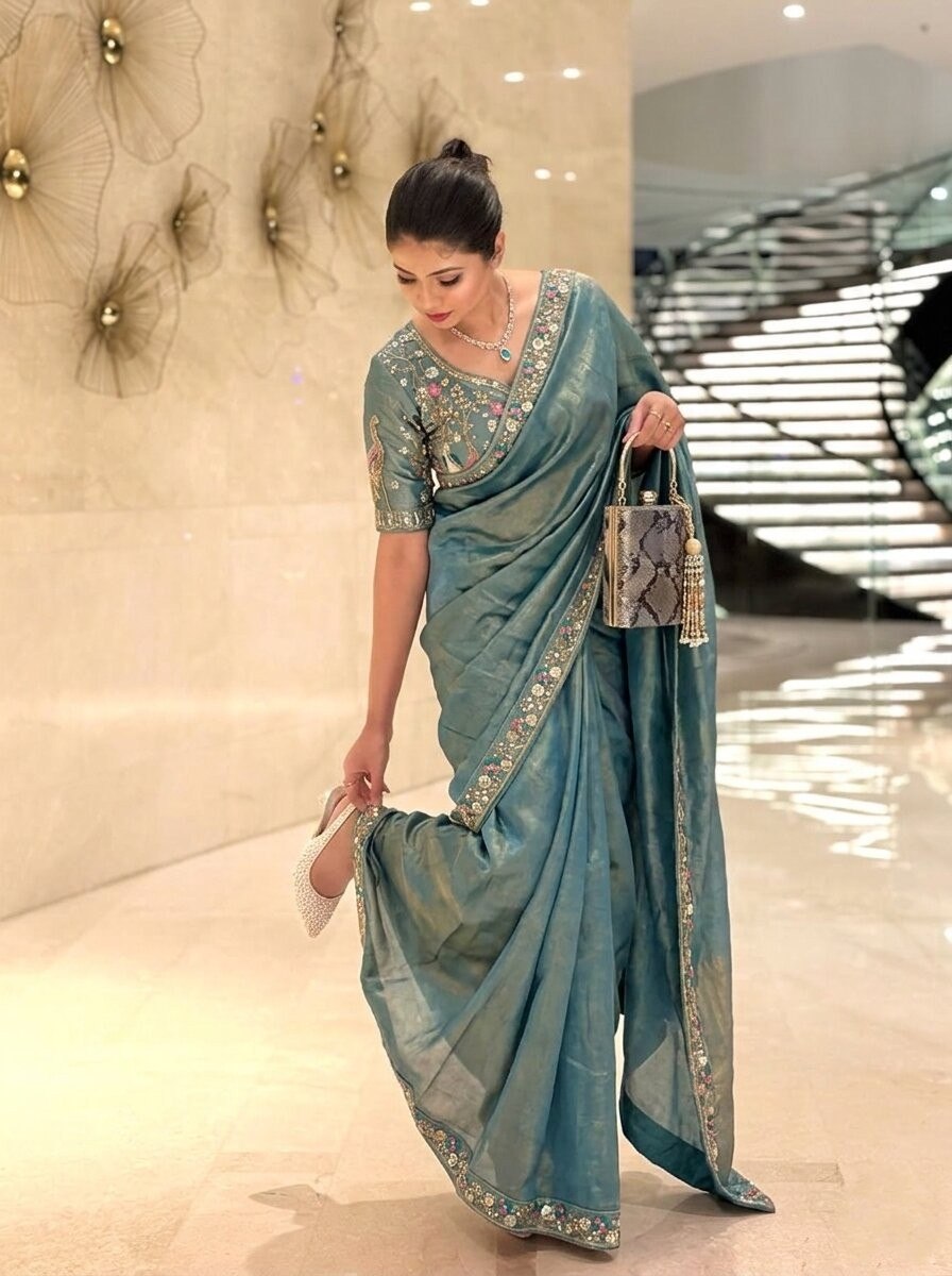 Blue Designer Fendy Satin Silk Saree with Heavy Embroidery Blouse