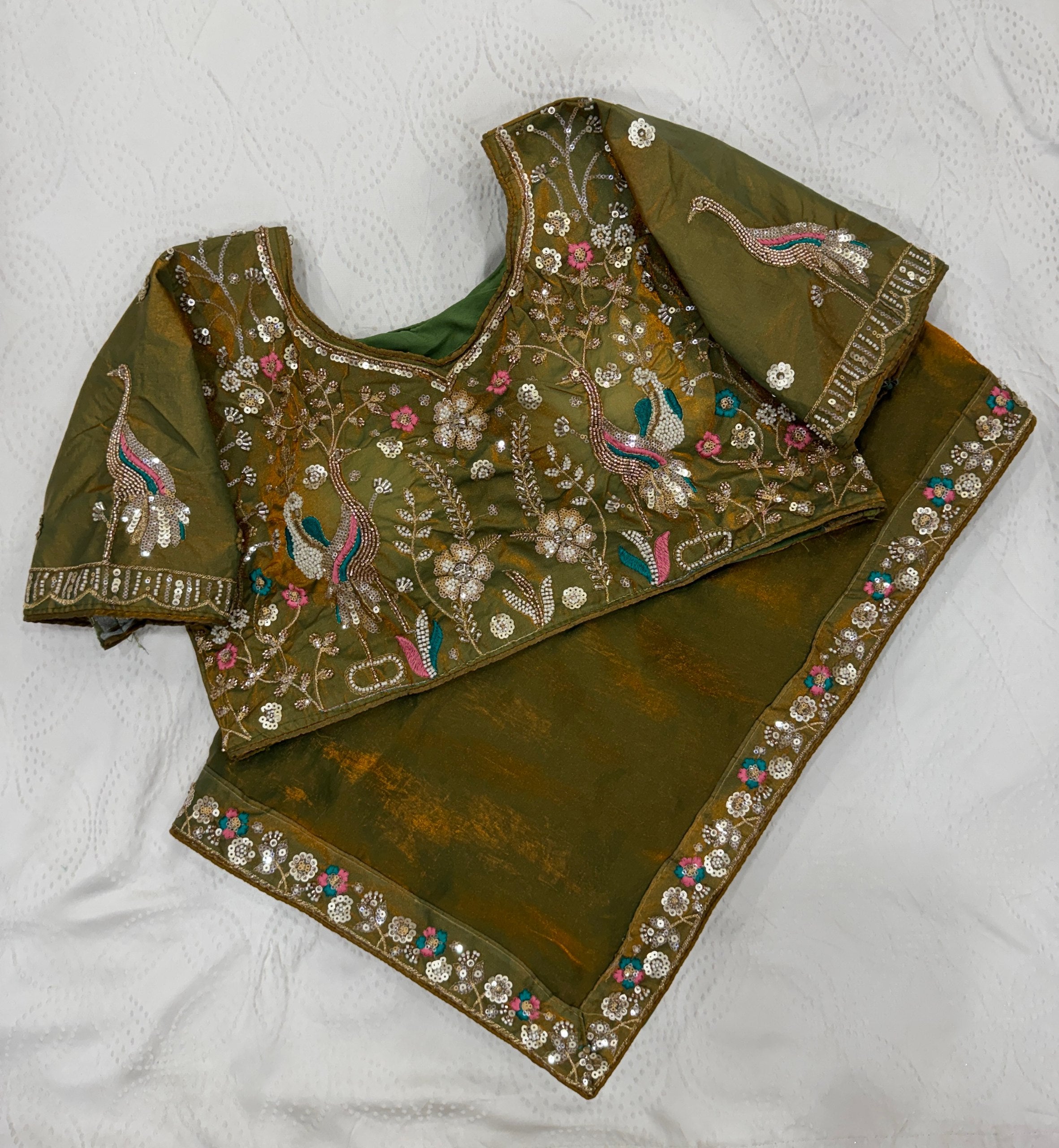 Olive Green Designer Fendy Satin Silk Saree with Heavy Embroidery Blouse
