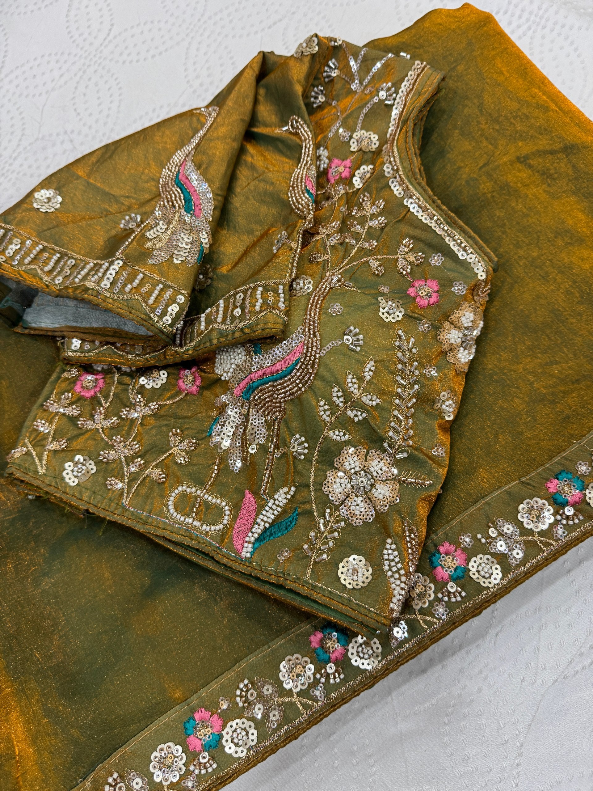 Olive Green Designer Fendy Satin Silk Saree with Heavy Embroidery Blouse