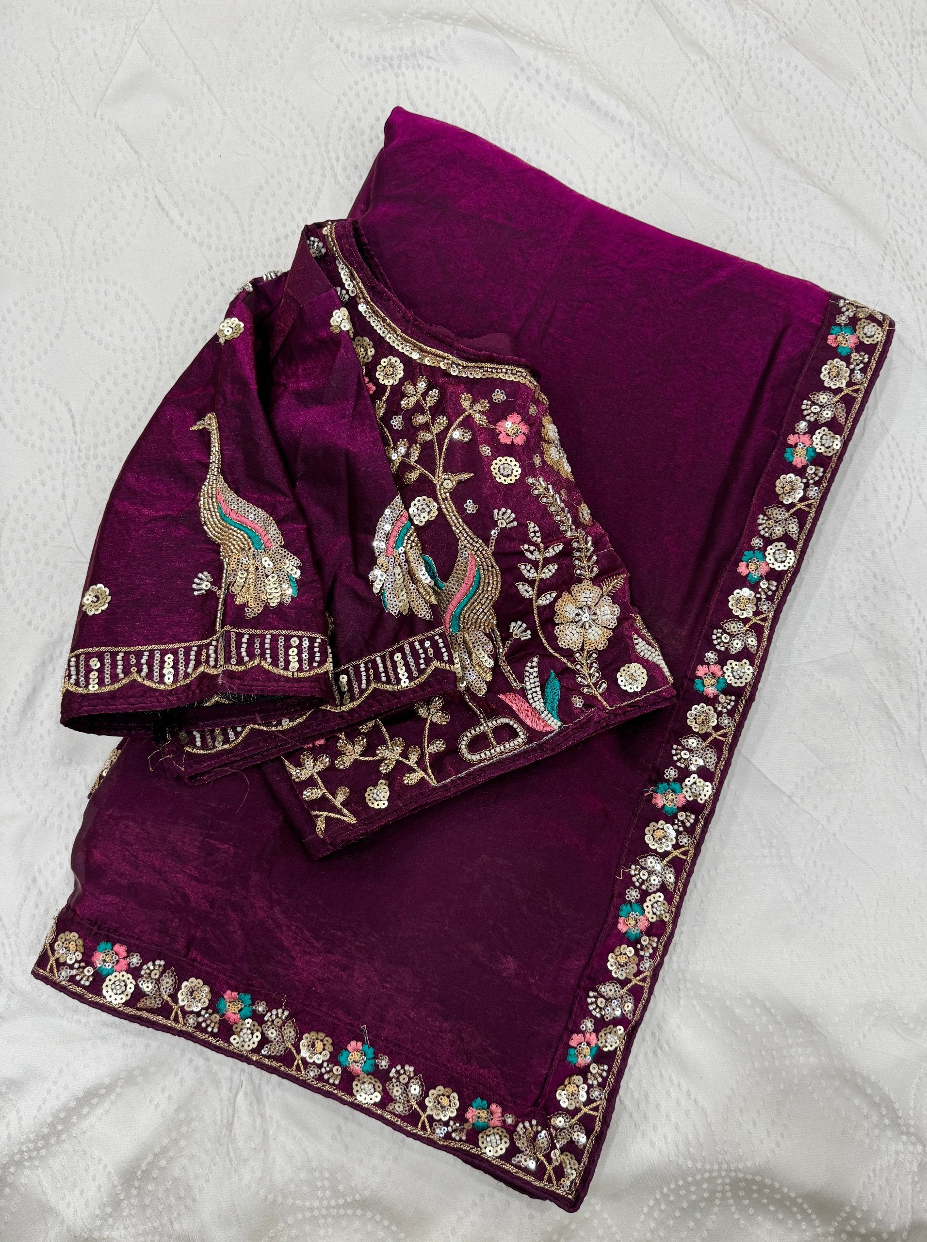 Purple Designer Fendy Satin Silk Saree with Heavy Embroidery Blouse