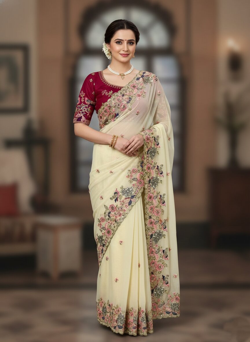 Cream Georgette Saree with Heavy Embroidery Work & Mono Banglory Silk Embroidered Blouse