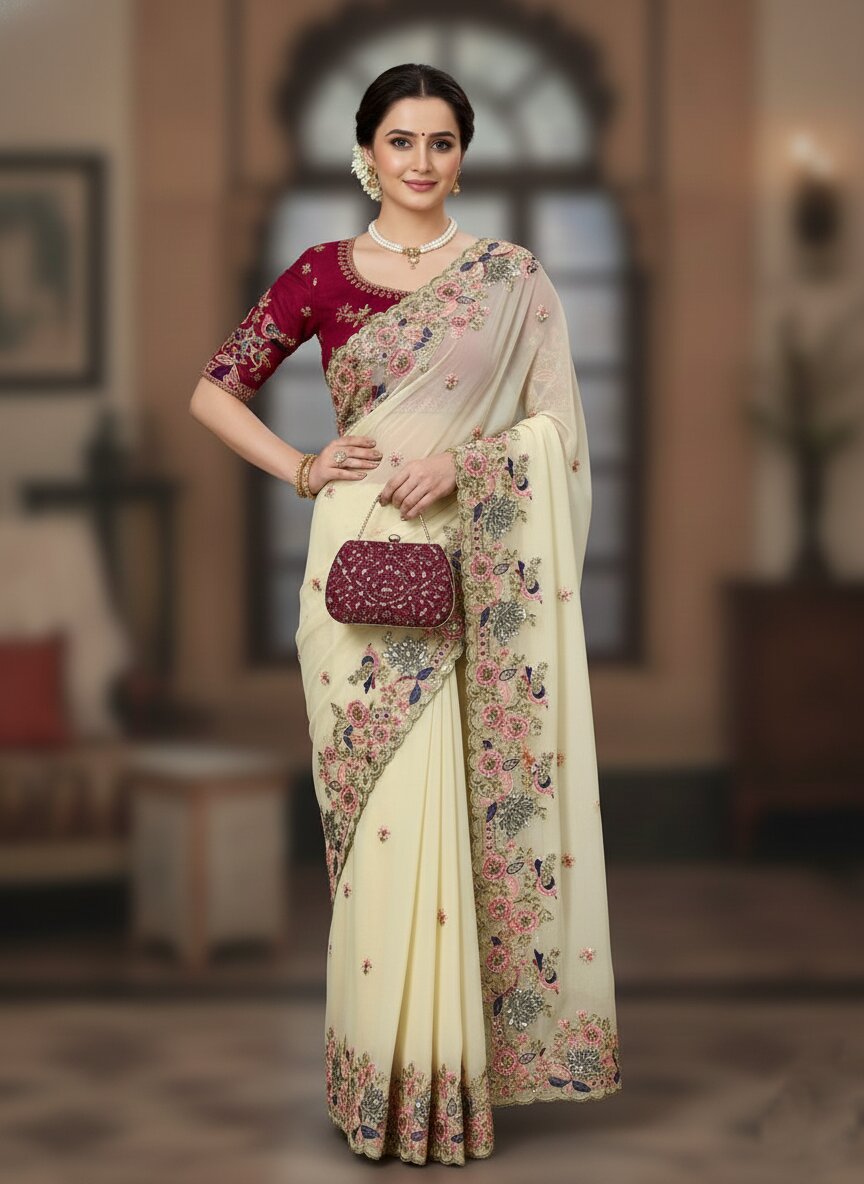Cream Georgette Saree with Heavy Embroidery Work & Mono Banglory Silk Embroidered Blouse