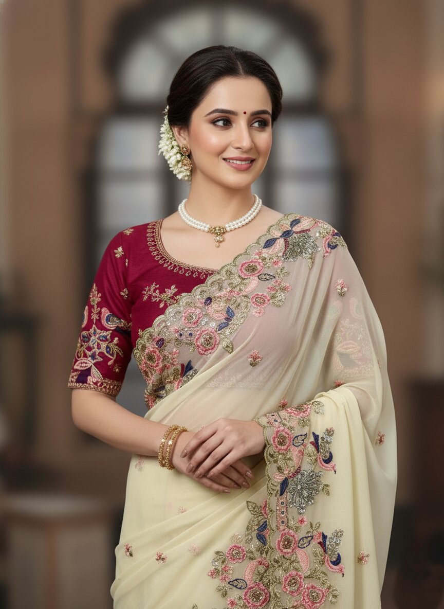 Cream Georgette Saree with Heavy Embroidery Work & Mono Banglory Silk Embroidered Blouse