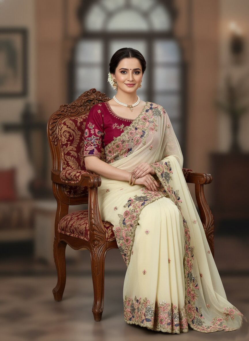 Cream Georgette Saree with Heavy Embroidery Work & Mono Banglory Silk Embroidered Blouse