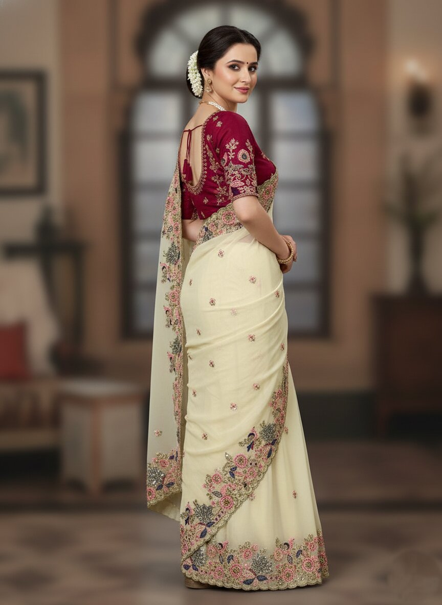 Cream Georgette Saree with Heavy Embroidery Work & Mono Banglory Silk Embroidered Blouse