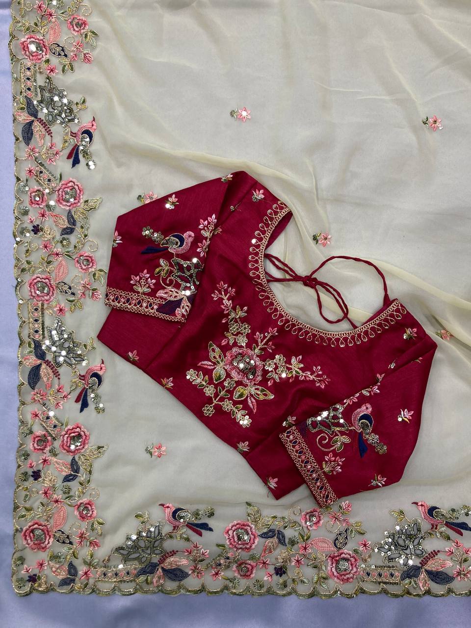 Cream Georgette Saree with Heavy Embroidery Work & Mono Banglory Silk Embroidered Blouse