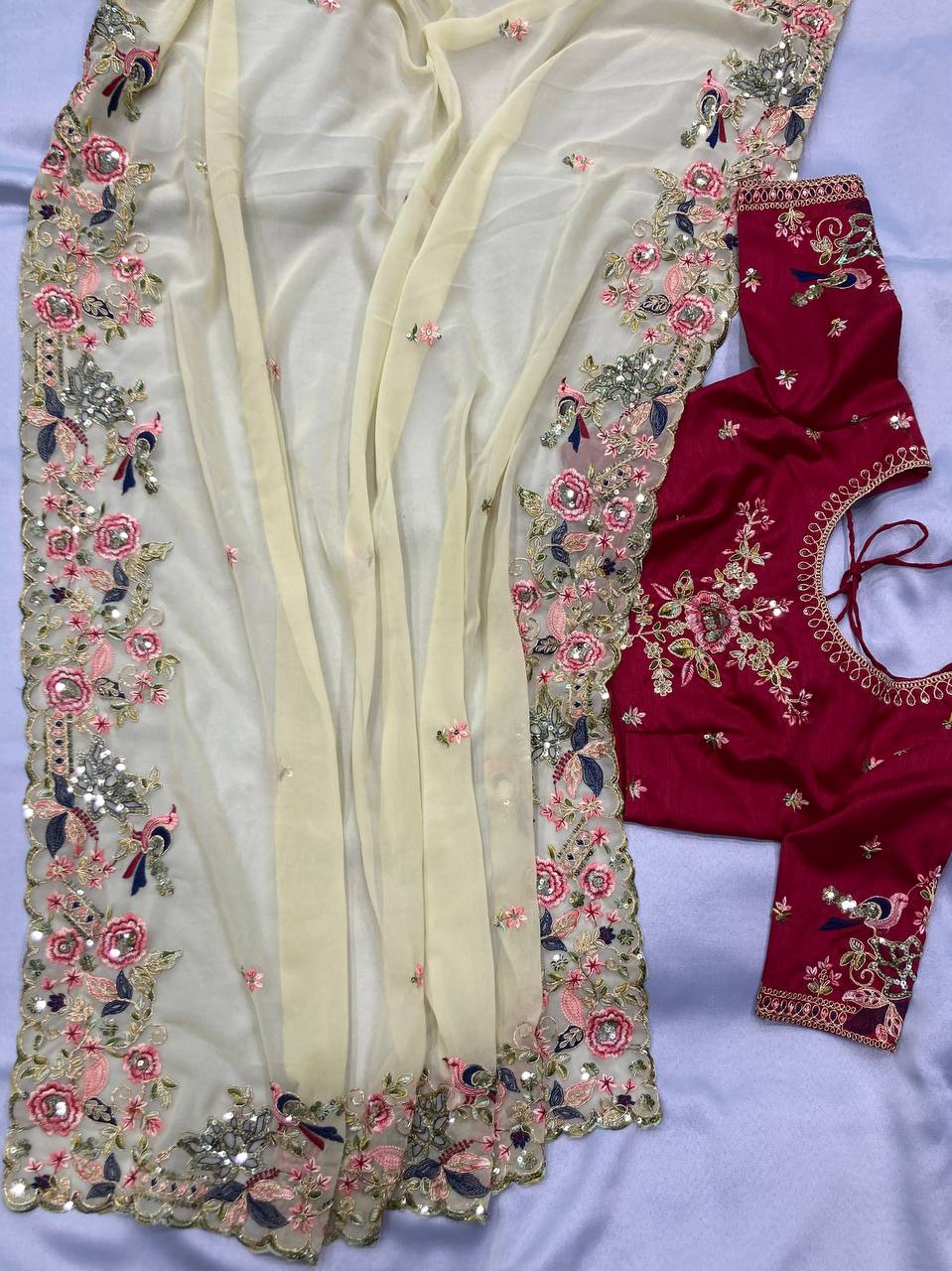 Cream Georgette Saree with Heavy Embroidery Work & Mono Banglory Silk Embroidered Blouse