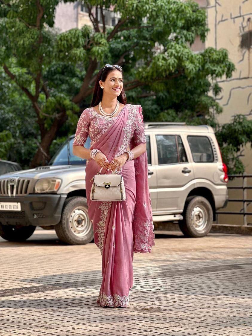 Premium Pink Pure Chinon Silk Saree with C-Pallu Embroidery Work, Cutwork Border & Heavy Embroidery Blouse