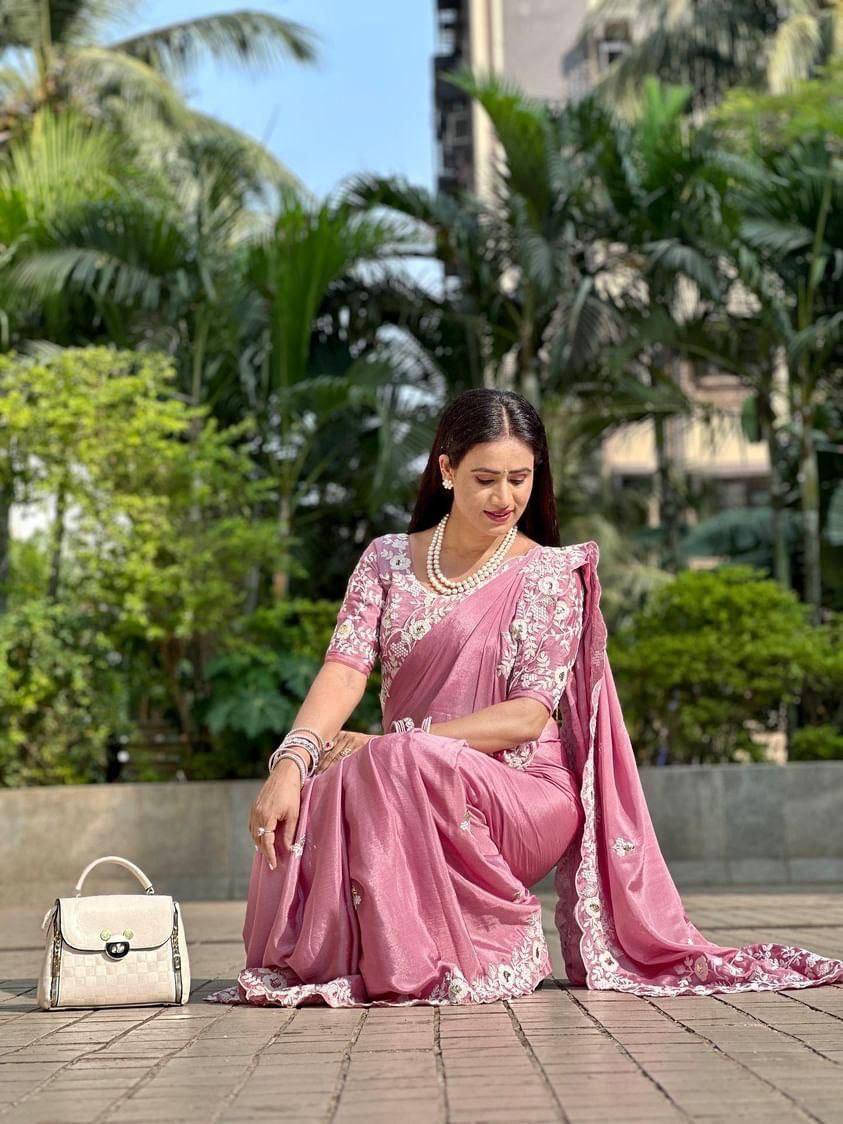 Premium Pink Pure Chinon Silk Saree with C-Pallu Embroidery Work, Cutwork Border & Heavy Embroidery Blouse
