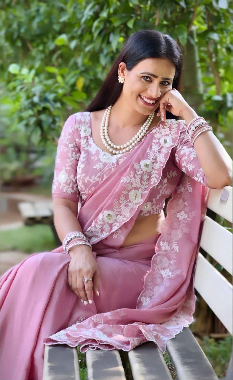 Premium Pink Pure Chinon Silk Saree with C-Pallu Embroidery Work, Cutwork Border & Heavy Embroidery Blouse