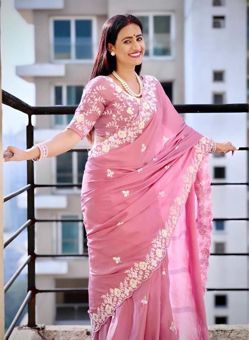 Premium Pink Pure Chinon Silk Saree with C-Pallu Embroidery Work, Cutwork Border & Heavy Embroidery Blouse