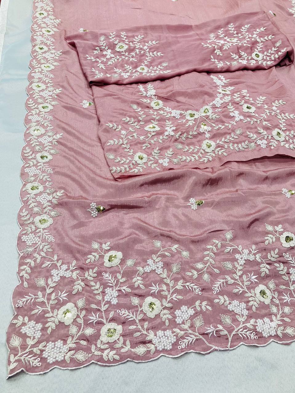 Premium Pink Pure Chinon Silk Saree with C-Pallu Embroidery Work, Cutwork Border & Heavy Embroidery Blouse