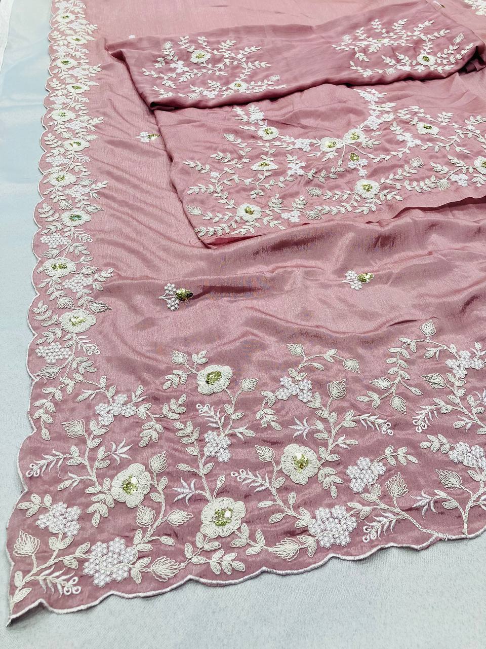 Premium Pink Pure Chinon Silk Saree with C-Pallu Embroidery Work, Cutwork Border & Heavy Embroidery Blouse