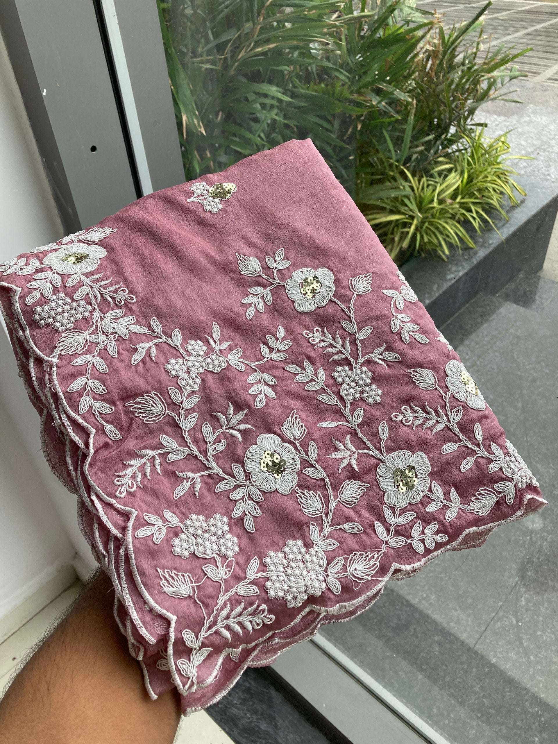 Premium Pink Pure Chinon Silk Saree with C-Pallu Embroidery Work, Cutwork Border & Heavy Embroidery Blouse
