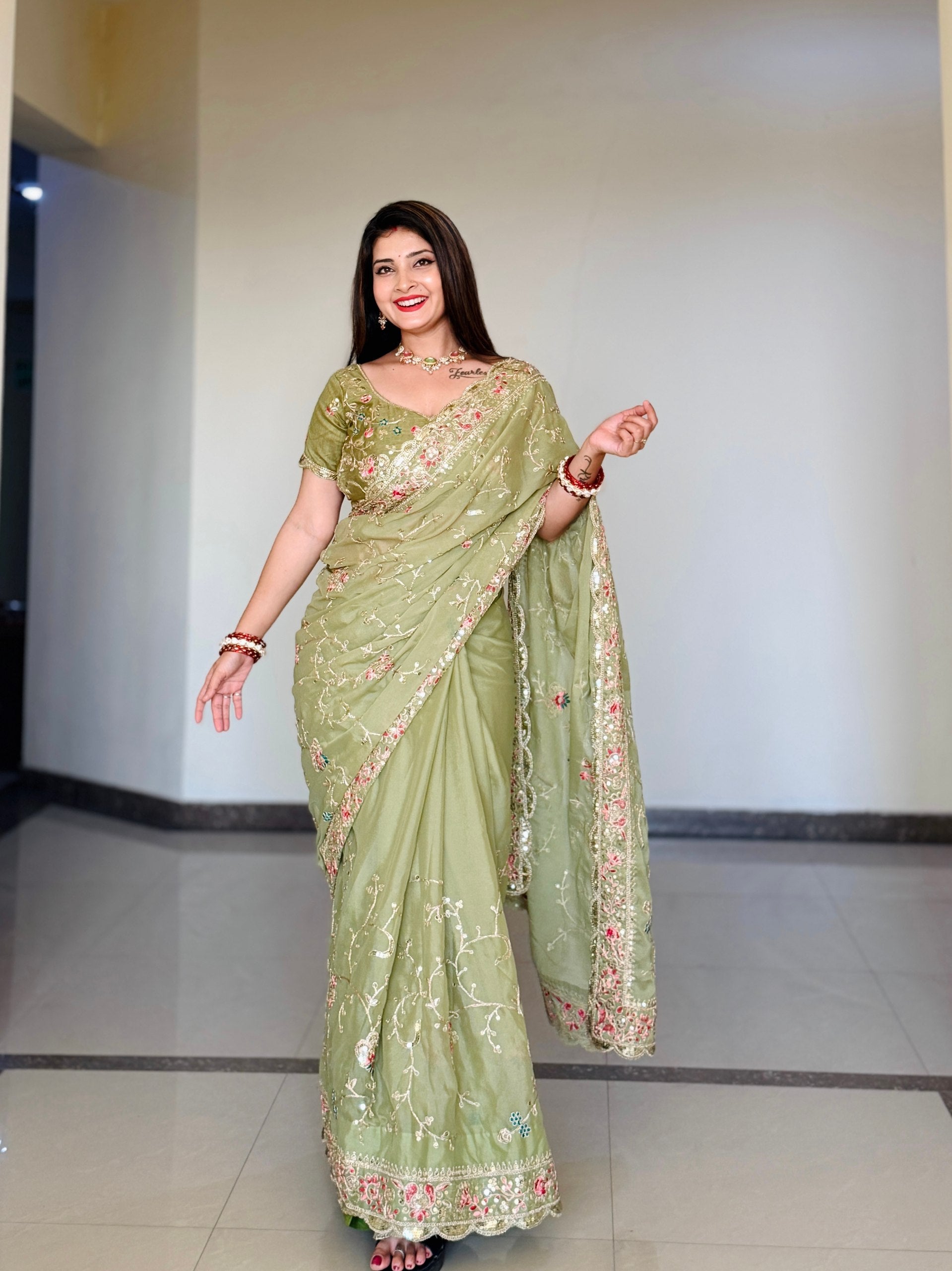 Women’s Olive Green Embroidered Soft Georgette Party Wear Saree with Cutwork Border
