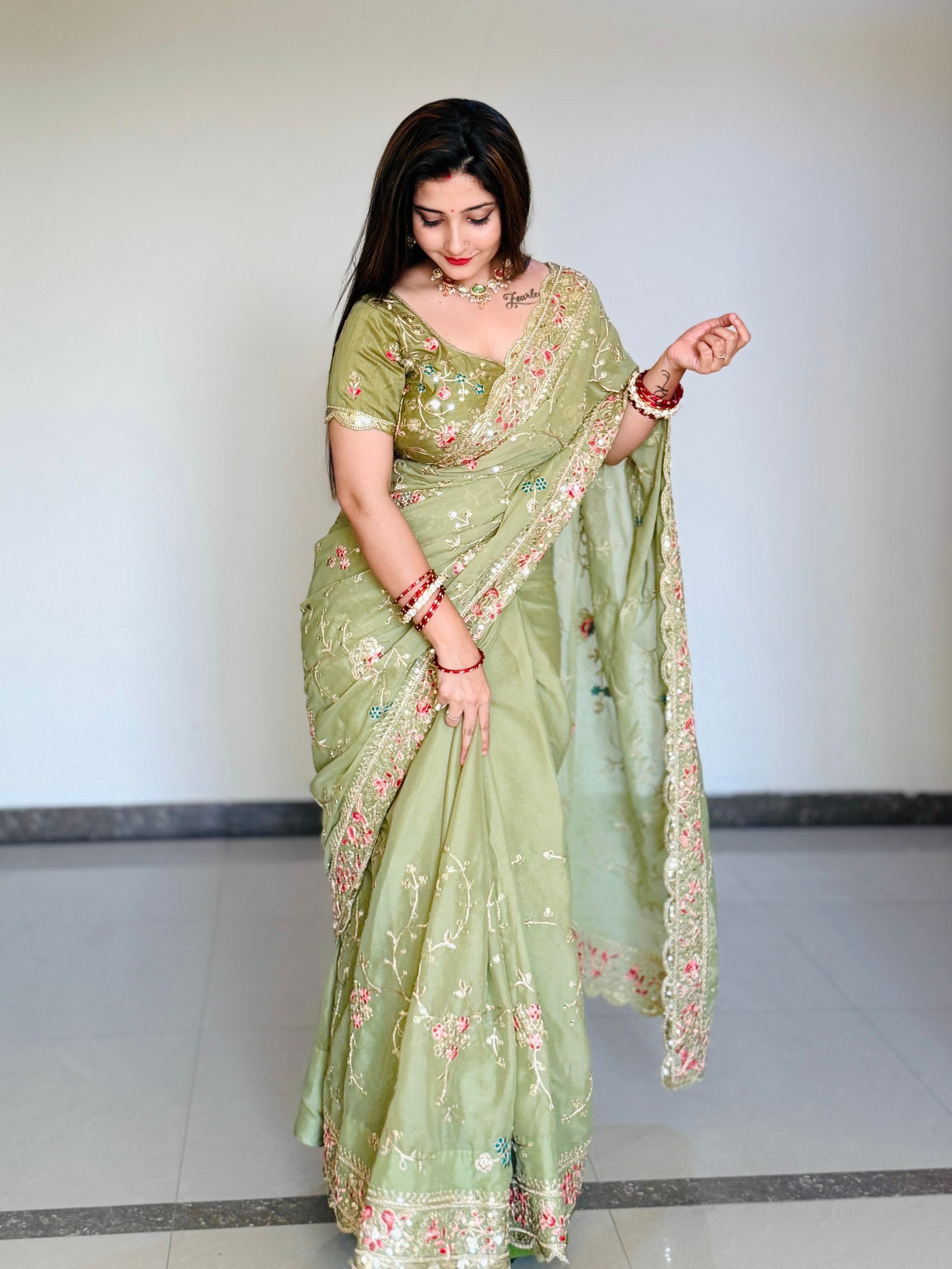 Women’s Olive Green Embroidered Soft Georgette Party Wear Saree with Cutwork Border