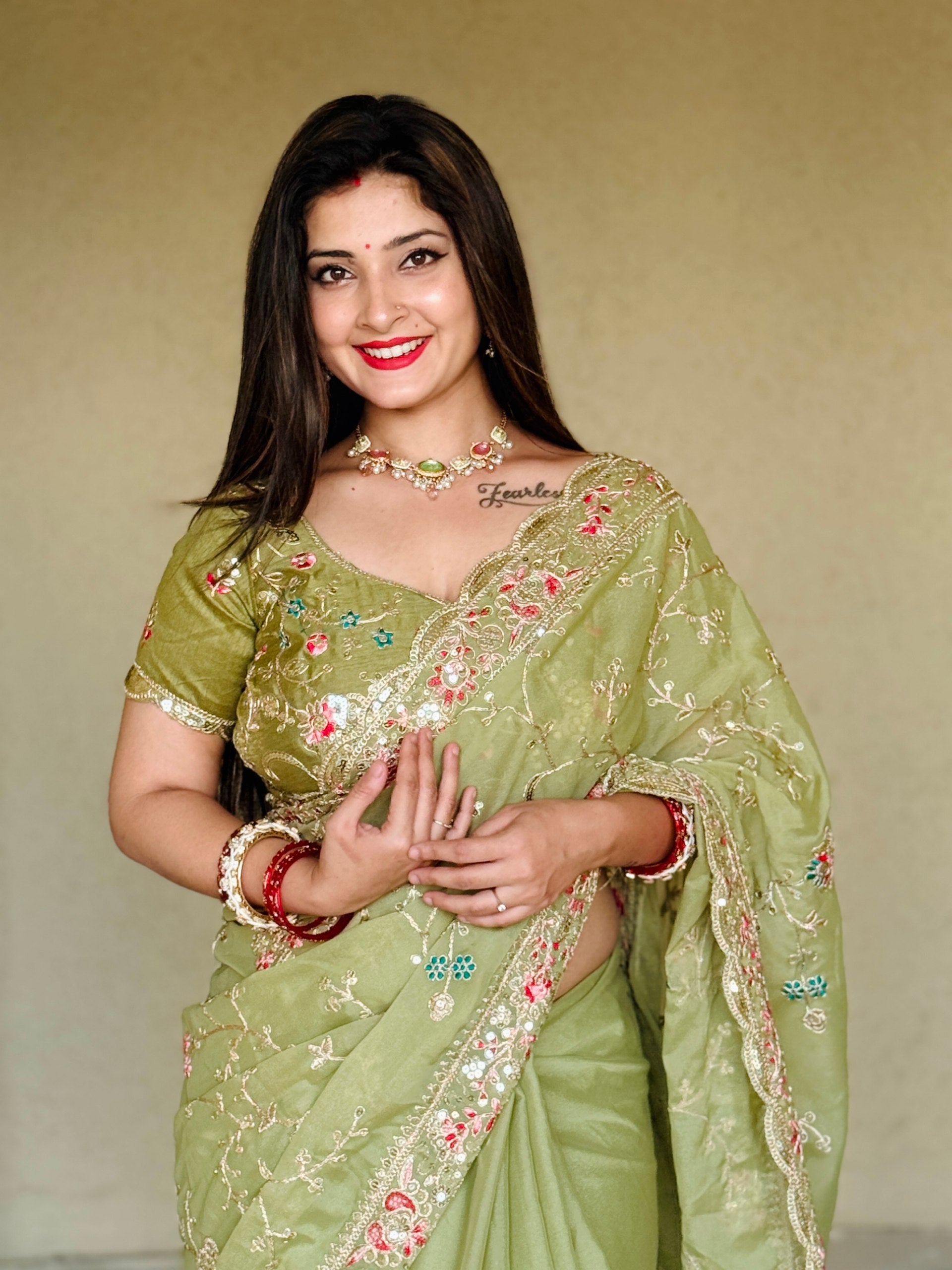 Women’s Olive Green Embroidered Soft Georgette Party Wear Saree with Cutwork Border